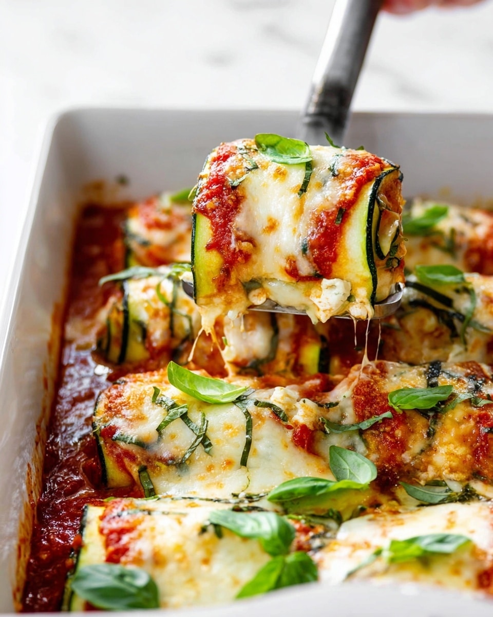 A close-up view of a white rectangular baking dish filled with baked zucchini roll-ups. Each roll-up has layers of thin dark green zucchini wrapped around a creamy white and green filling, topped with bright red tomato sauce, melted golden brown cheese, and fresh green basil slices scattered on top. A metal spatula lifts one roll-up, showing the melted cheese stretching slightly, with a woman's hand holding the spatula. Fresh green basil leaves are placed inside the dish corners, and the dish is set against a white marbled texture background. photo taken with an iphone --ar 4:5 --v 7