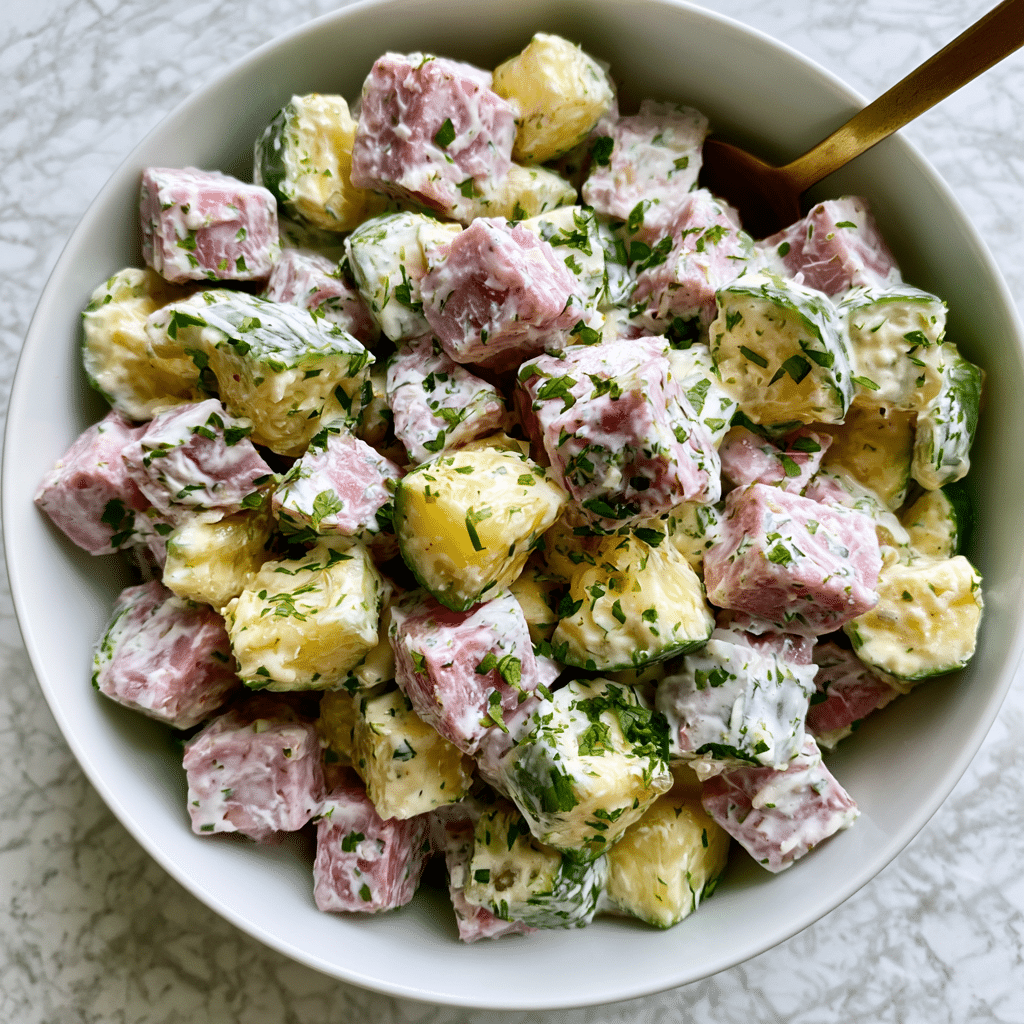The image shows a close-up of a white bowl filled with a diced salad. The salad has three layers of ingredients: pale pink ham cubes, creamy light yellow pickle pieces with green edges, and finely chopped fresh green herbs sprinkled on top. The ingredients are mixed with a thick white creamy dressing that coats the pieces evenly. A brass spoon rests inside the bowl among the salad. The bowl sits on a white marbled textured surface. Photo taken with an iphone --ar 4:5 --v 7