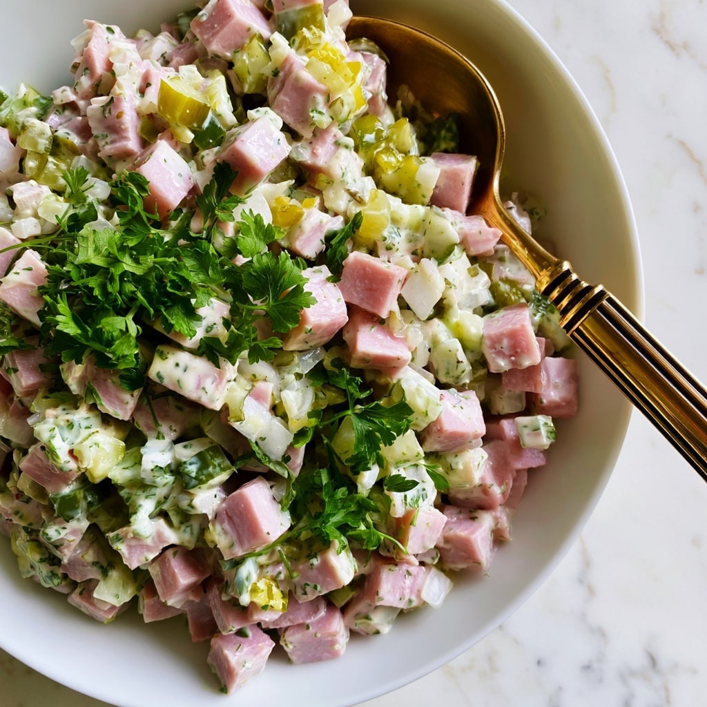The image shows a close-up of a dish in a white bowl filled with small, evenly cut cubes of light pink ham as the base layer. Mixed in are diced white onions and chopped green pickles adding varied lighter green and white tones, all coated with a creamy white dressing speckled with green herbs. Fresh bright green parsley is sprinkled throughout, adding a fresh color contrast. A vintage-style gold spoon with dark rings is partially buried in the mixture, positioned slightly off-center. The dish is placed on a white marbled surface. photo taken with an iphone --ar 4:5 --v 7
