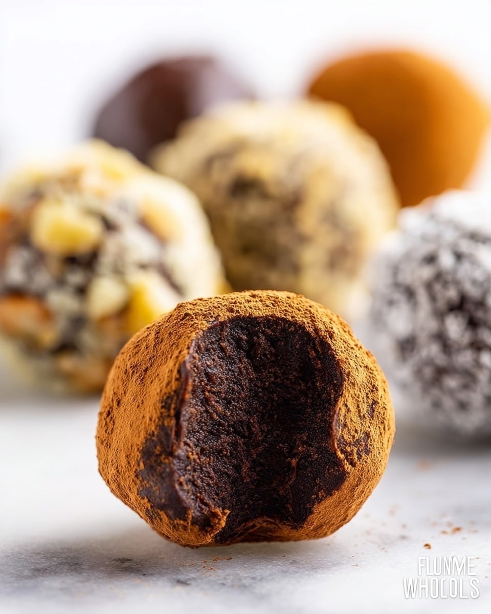 The image shows a close-up of a dark chocolate truffle, cut in half to reveal its rich, smooth, and dense dark brown inside, coated with a fine layer of light brown cocoa powder on the outside. Surrounding the main truffle are blurred truffles with different outer textures and colors, such as a rough light brown nut coating and a powdery white coating, all placed on a white marbled surface. The truffles vary in color and texture, giving a mixed feeling of crunchy and smooth coatings in the background. photo taken with an iphone --ar 4:5 --v 7