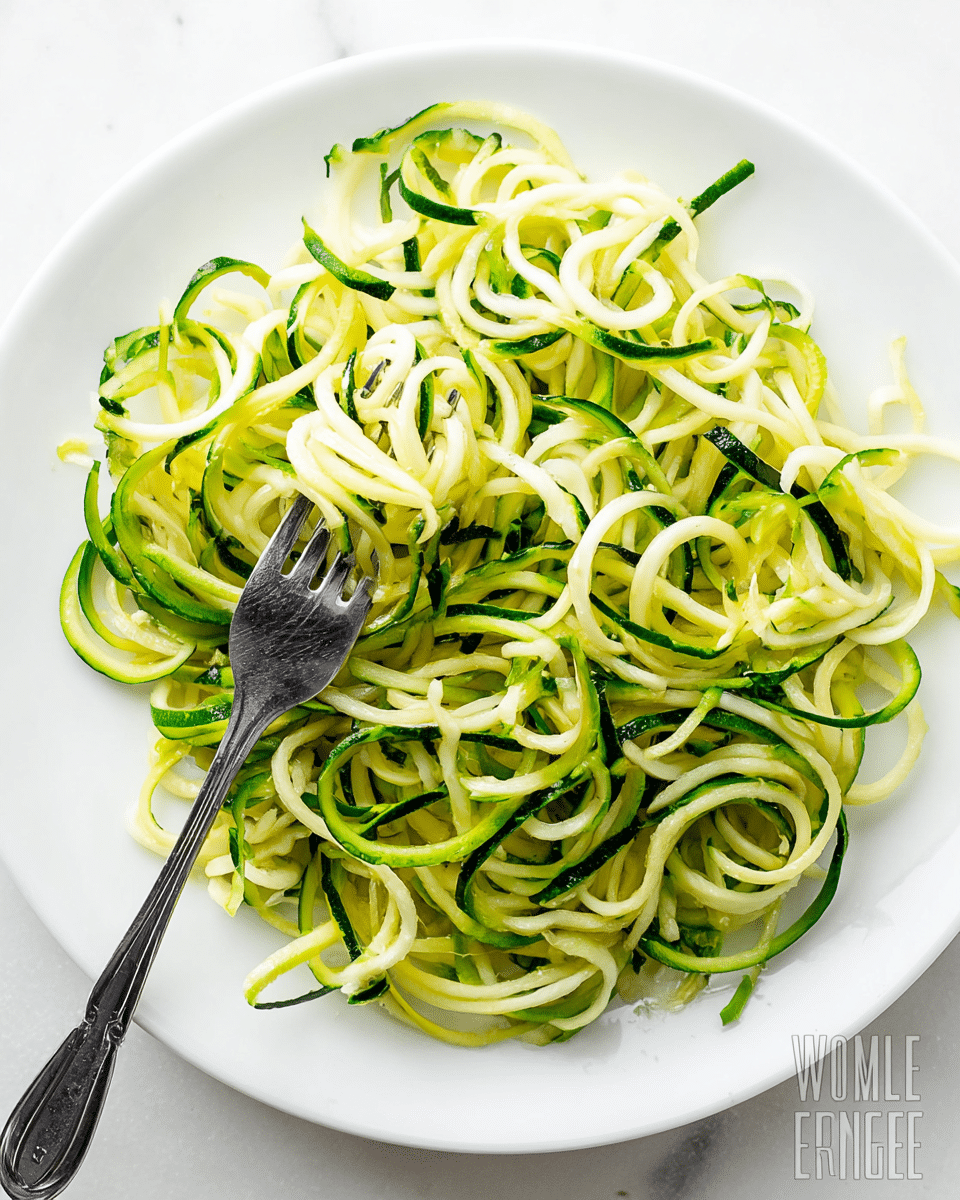 The image shows a white plate filled with spiralized zucchini noodles that have a mix of light green and dark green colors, giving a fresh and natural look. The noodles are thin and curly, tangled together in a loose pile. A silver fork is placed on the left side, with some noodles wrapped around its tines, ready to be eaten. The surface under the plate is a white marbled texture, adding a clean and bright background to the dish. photo taken with an iphone --ar 4:5 --v 7
