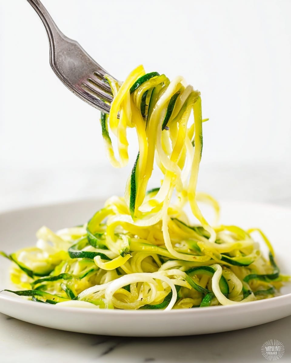 A close-up view shows a silver fork lifting a few strands of green and light yellow zucchini noodles, twisted neatly around the fork’s tines with a smooth, slightly glossy texture. Below the fork, a white plate holds a loose pile of more zucchini noodles, mixing the vibrant greens and pale yellows in thin, curly layers that look fresh and light. The background is a clean white marbled surface, making the dish stand out clearly. photo taken with an iphone --ar 4:5 --v 7