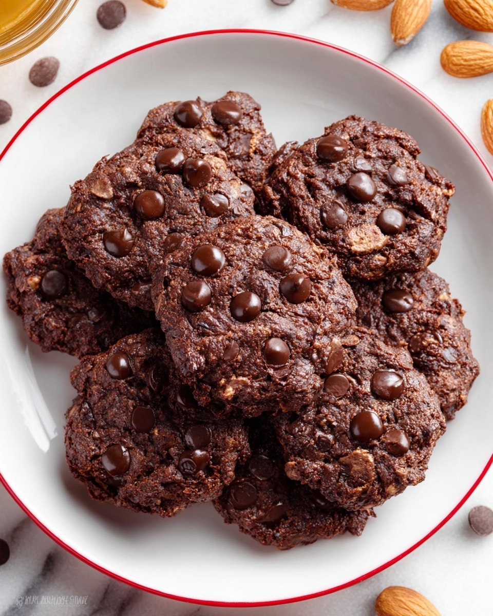 A close-up view of a white plate with a thin red rim filled with several thick, unevenly shaped chocolate cookies. Each cookie is dark brown in color with a rough, textured surface and is topped with multiple glossy, black chocolate chips scattered unevenly. The cookies are piled on top of each other toward the center of the plate. Around the plate, there is a white marbled surface with a few almonds and scattered chocolate chips visible. Photo taken with an iphone --ar 4:5 --v 7