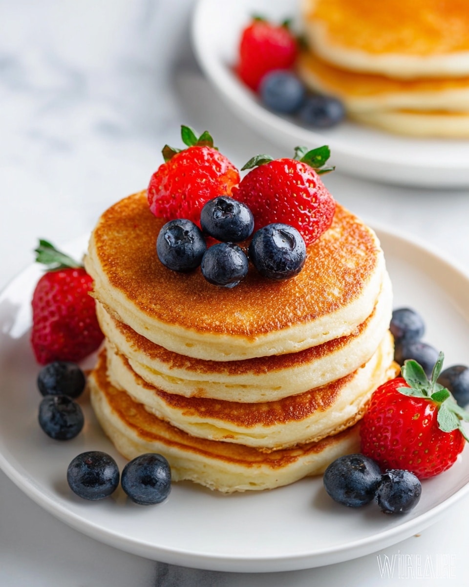 A stack of seven golden brown pancakes with smooth and slightly fluffy edges sits centered on a white plate. On top, there are two red strawberry slices with visible seeds and green leaves, surrounded by five plump, round blueberries with a soft matte finish. Some extra blueberries are scattered around the base of the pancake stack. The whole scene is set on a white marbled surface, with another plate of pancakes partially visible in the background. photo taken with an iphone --ar 4:5 --v 7
