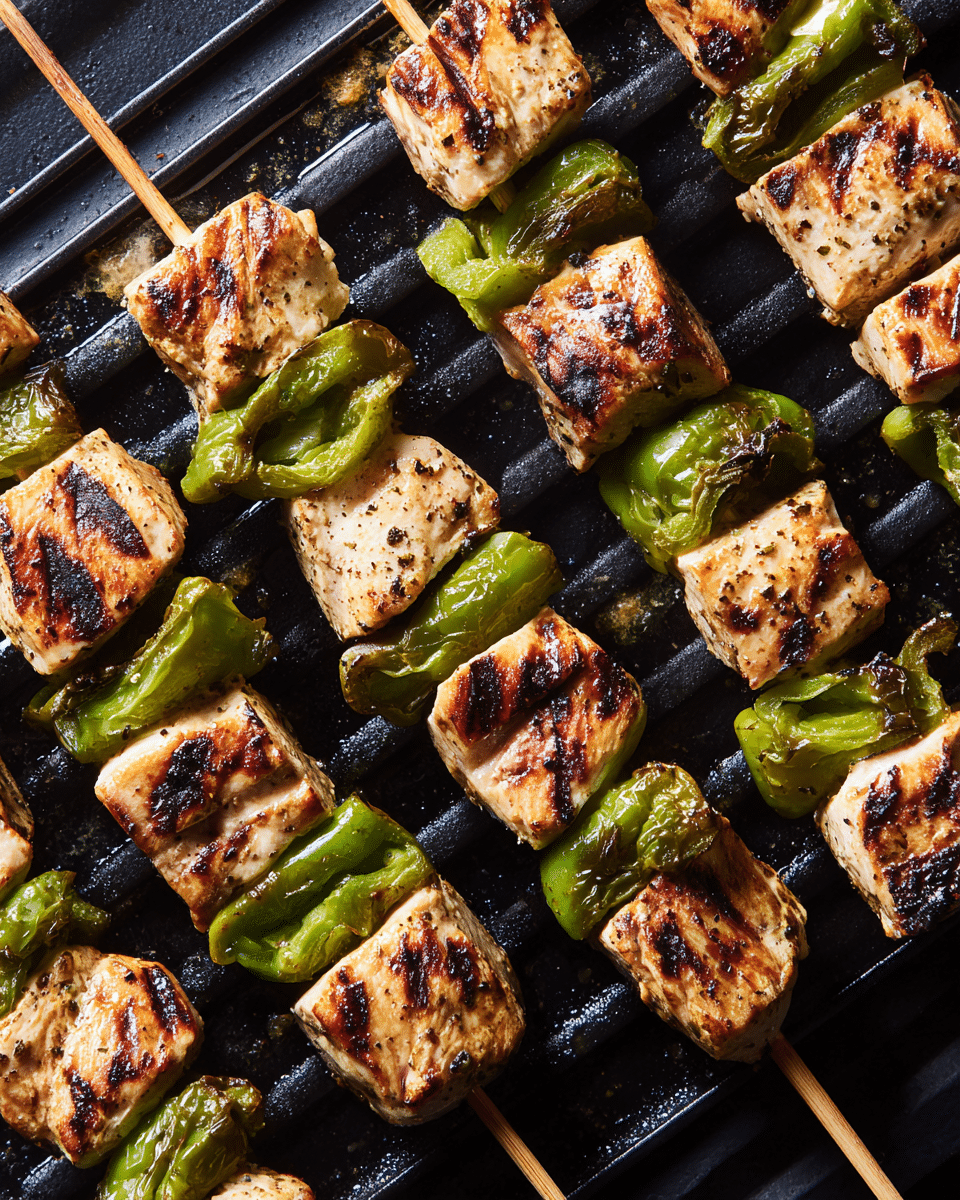 Several wooden skewers lay across a black grill rack, each skewer threaded with layers of grilled chicken pieces and green bell pepper slices. The chicken chunks are thick, pale with charred dark brown grill marks, giving a slightly rough texture. The green bell peppers have a wrinkled, soft look with some areas showing light grill marks, adding a mix of light and dark green shades. The skewers are arranged diagonally, creating a scattered, natural display on the shiny grill surface. photo taken with an iphone --ar 4:5 --v 7