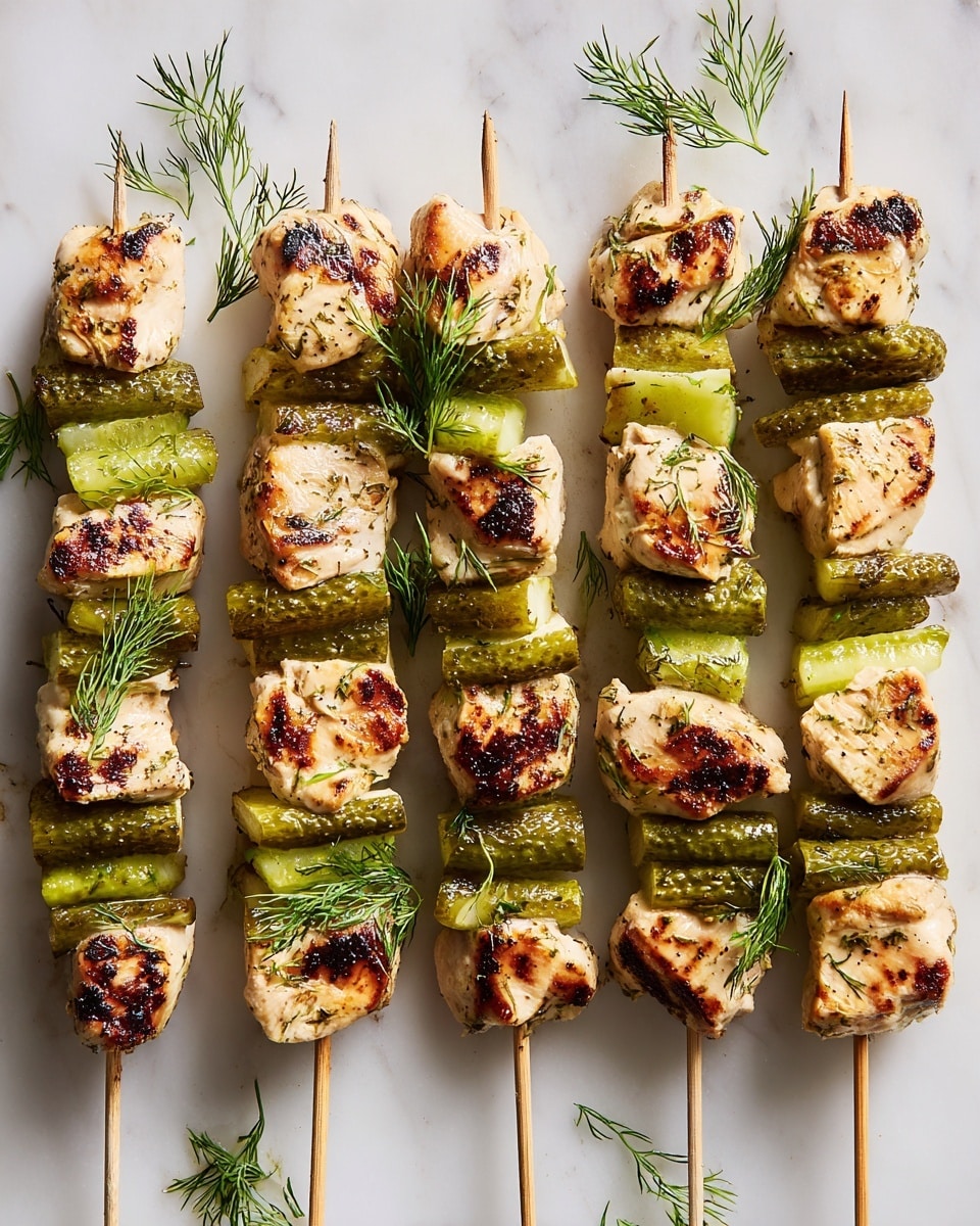 The image shows six wooden skewers laid out horizontally on a white marbled surface. Each skewer has a pattern of alternating layers, starting and ending with green pickles that have a bumpy texture and a darker green edge and lighter green center. Between the pickles, there are large chunks of grilled chicken with a pale pink color, marked by dark brown grill lines and slight charring. Tiny green dill sprigs are scattered around and on top of the skewers, adding a touch of freshness to the arrangement. photo taken with an iphone --ar 4:5 --v 7