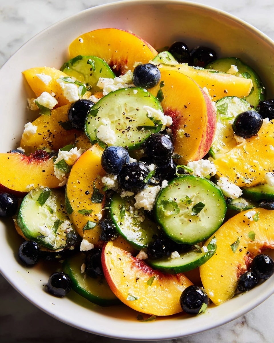A white bowl filled with a colorful salad showing three main layers: large, sliced yellow-orange peach pieces with a soft, juicy texture; thin, round cucumber slices with deep green skin and light green interiors scattered evenly throughout; and small, round dark blueberries creating contrast. White crumbled cheese pieces are spread through the salad, adding a creamy element. Everything is lightly sprinkled with black pepper and small green herb bits, all sitting on a white marbled surface. photo taken with an iphone --ar 4:5 --v 7