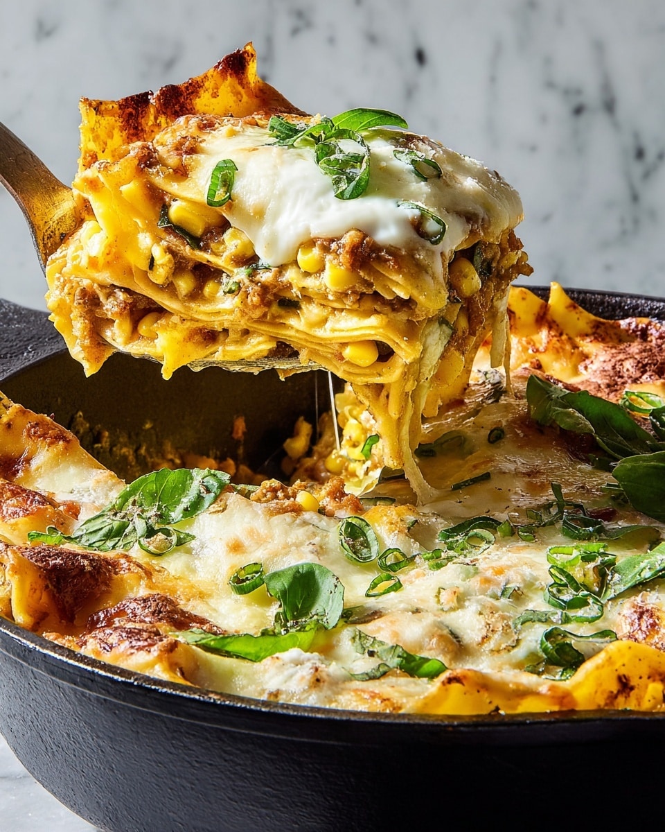 The dish shows a close-up of a baked lasagna with three layers stacked inside a cast iron pan. The bottom layer is a golden yellow pasta with browned, crispy edges. The middle layer is a mix of bright yellow corn and small green herbs, with bits of zucchini seeds visible. The top layer is thick, creamy white melted cheese spread unevenly with some toasted brown spots and scattered fresh green basil leaves and chopped scallions. A spoon lifts a large serving from the pan, showing the layers clearly. The background is a white marbled texture. Photo taken with an iphone --ar 4:5 --v 7