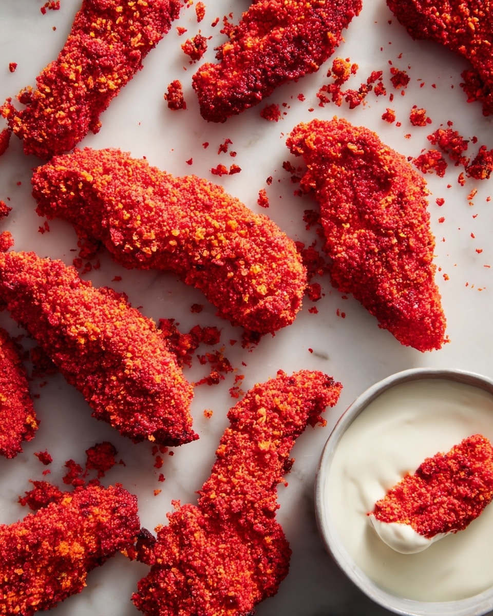 Several bright red, crunchy-coated chicken tenders are scattered over a white marbled surface with some red crumbs around them. The chicken tenders show a rough texture on the outside, indicating a thick and crispy breadcrumb layer. Near the bottom right, there is a small white bowl filled with creamy white sauce, and one chicken tender is being dipped into it, showing a smooth sauce layer on the tender. Photo taken with an iphone --ar 4:5 --v 7