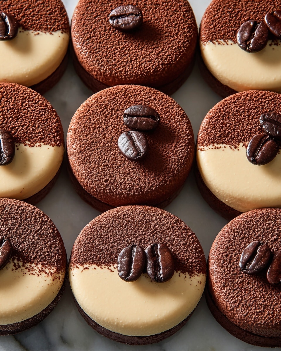 The image shows a group of round cookies placed closely together on a white marbled surface. Each cookie has two distinct layers on top: the upper half is covered with a finely textured cocoa powder layer in a rich brown color, and the lower half is coated with a smooth, light brown cream layer. At the boundary between the two layers, three shiny dark brown coffee beans are arranged in a triangular pattern as decoration on each cookie. The cookie base is a darker brown, visible along the edges, giving a clear contrast to the top layers. Photo taken with an iphone --ar 4:5 --v 7