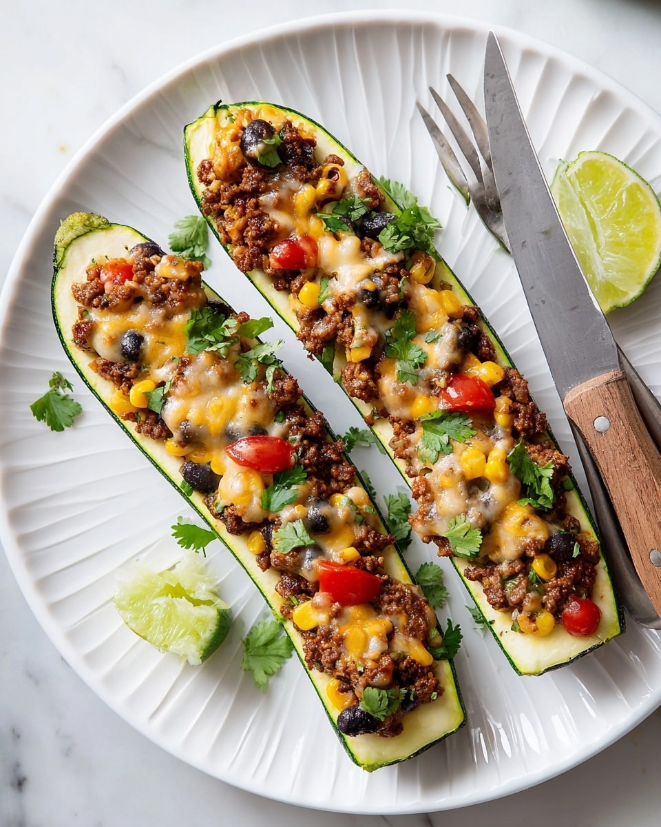 Two long zucchini halves lay side by side on a white plate with softly ridged edges, resting on a white marbled surface. Each zucchini boat is hollowed out and filled with a colorful mix: a bottom layer of light green zucchini flesh, topped with browned ground meat and black beans scattered throughout, bright yellow corn kernels, and small red cherry tomato halves. Melted cheddar and white cheese blend over the top, adding a creamy texture with fresh green cilantro leaves sprinkled generously around and on the filling. A lime wedge sits next to the zucchini boats, while a fork and knife with wooden handles rest neatly on the plate’s edge. Photo taken with an iphone --ar 4:5 --v 7
