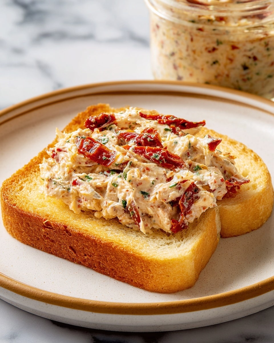 A single slice of toasted golden brown bread with a crispy crust lies on a white plate with a light brown rim. On top of the toast, there is a thick layer of creamy spread mixed with small pieces of red sun-dried tomatoes and green herbs, creating a colorful, slightly chunky texture. The background shows a blurred jar filled with the same spread, resting on a white marbled surface. Photo taken with an iphone --ar 4:5 --v 7