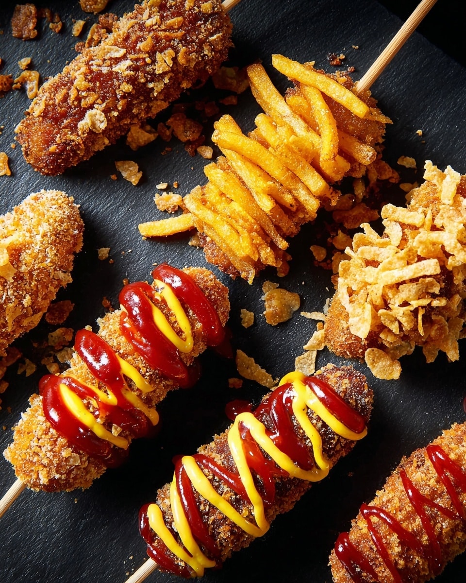 Several fried skewers are laid out on a black surface, each with different coatings. One skewer is covered in crispy golden fries layered thickly over a crunchy breaded base. Another skewer has a dense coating of light golden breadcrumbs giving it a rough texture. One skewer is coated in cornflake-like crumbs and is drizzled with bright red ketchup in thin stripes. Another skewer is covered with crushed noodles and has both yellow mustard and red ketchup drizzled on top in thin lines. The sticks are light brown wooden skewers placed diagonally and crossing the frame. The sauces add bright pops of red and yellow color against the golden oils and crumbs of the fried skewers. photo taken with an iphone --ar 4:5 --v 7