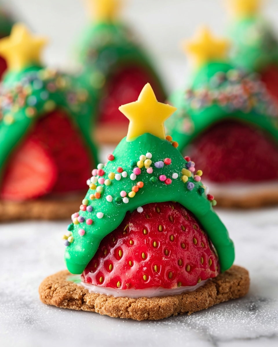 The image shows a close-up of a festive treat shaped like a small Christmas tree made of a fresh red strawberry cut in half as the inner layer, coated with a smooth, bright green chocolate layer decorated with small colorful round sprinkles and topped with a yellow star-shaped candy. The treat sits on a textured light brown cookie base with white icing, all placed on a white marbled surface. In the background, more similar treats form a soft blur, creating a sense of depth. photo taken with an iphone --ar 4:5 --v 7