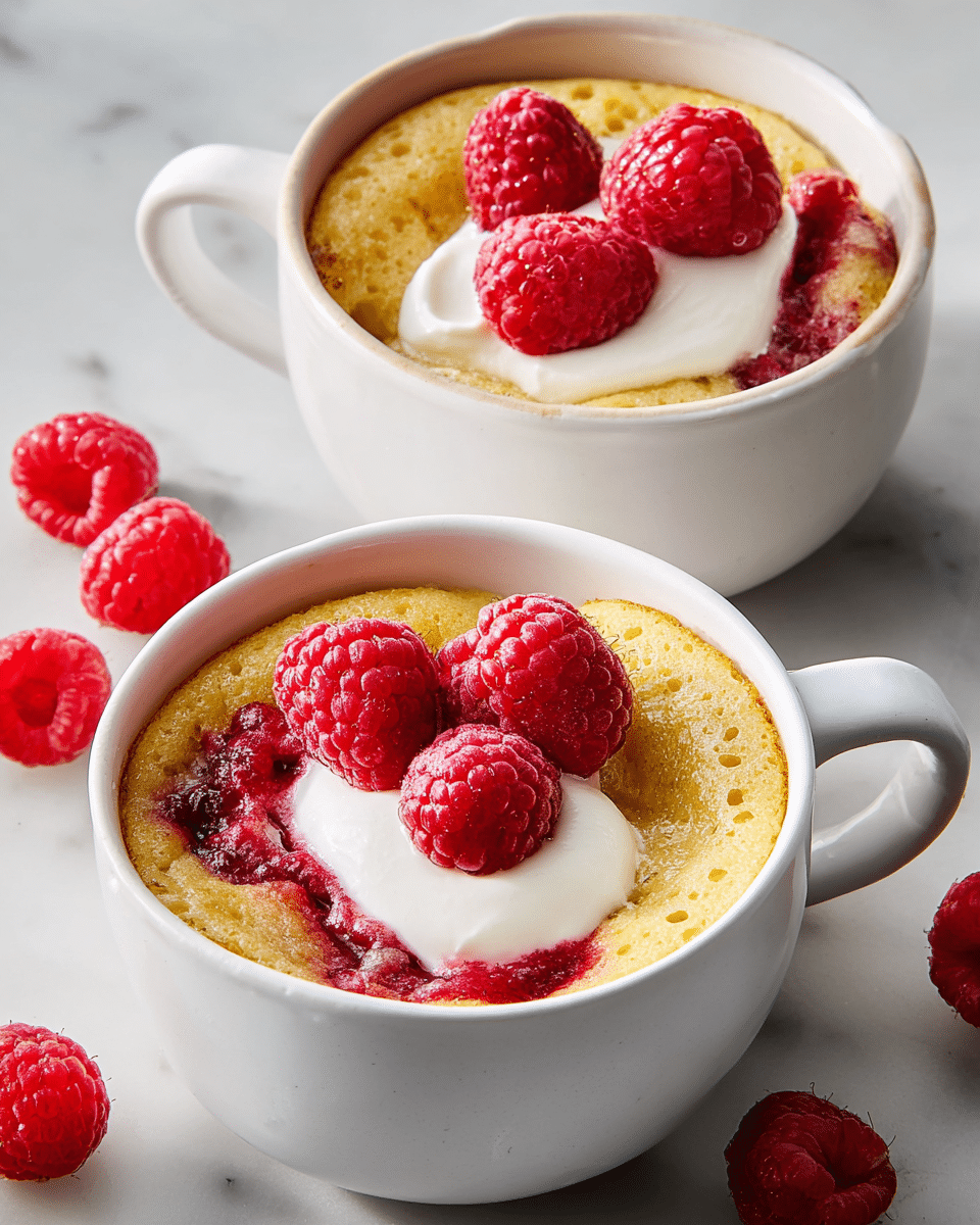 Two white cups on a white marbled surface hold a soft, warm, pale yellow cake layer with a bubbly texture. On top, bright red raspberries are partly crushed, spreading rich red juice over the yellow cake. In the middle of each cup, a dollop of white cream sits, topped with more whole raspberries, adding a fresh and juicy look. Scattered fresh red raspberries rest on the surface nearby, enhancing the vibrant color contrast. The scene is lit by natural light, showing the moist texture of the cake and the glossy raspberries. photo taken with an iphone --ar 4:5 --v 7