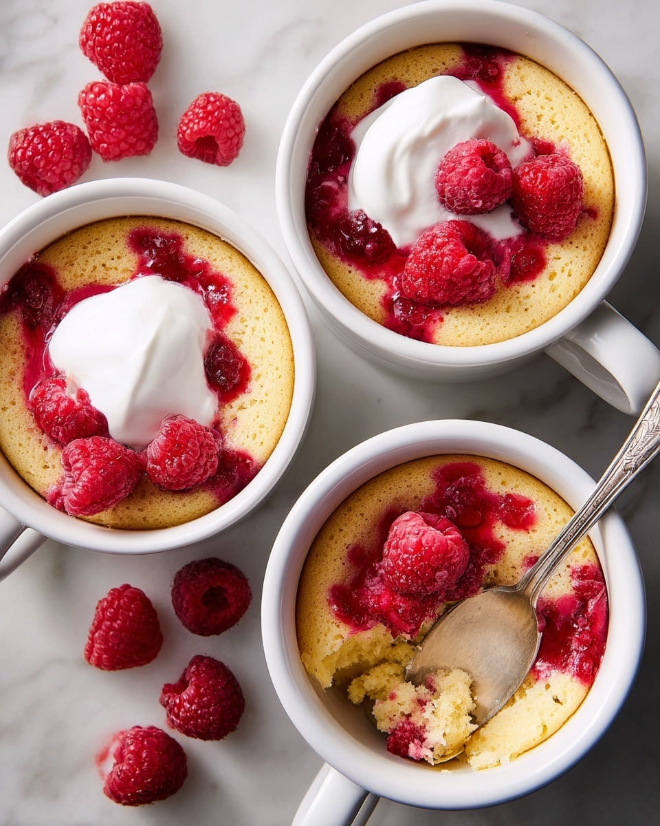The image shows three white mugs filled with a soft, light yellow cake layer as the base. Each cake layer has a topping of bright red raspberry sauce scattered unevenly over the surface. On top, there is a dollop of white cream placed in the center of each cake, with fresh whole raspberries resting on the cream and sauce. One mug has a spoon inside, slightly breaking into the cake, revealing the moist texture. Around the mugs, several fresh raspberries are placed on a white marbled surface, adding a fresh, vibrant touch. photo taken with an iphone --ar 4:5 --v 7