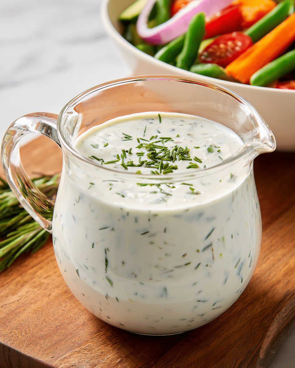 A clear glass jug filled close to the top with a creamy white sauce speckled with small green herb pieces throughout, topped with finely chopped green herbs as garnish, placed on a wooden board; in the blurred background, there is a white bowl with a colorful salad containing cherry tomatoes, green beans, orange carrot slices, and pinkish-red onion slices, all set against a white marbled surface. photo taken with an iphone --ar 4:5 --v 7
