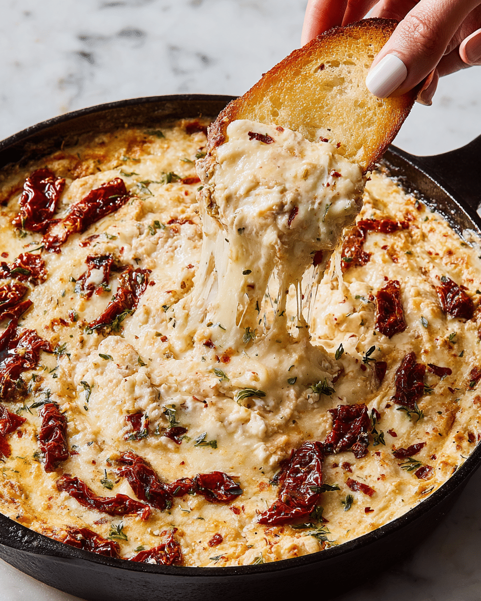 A black cast iron pan holds a cheesy dip with three visible layers: at the bottom is a creamy, light beige base speckled with small bits, the middle layer shows melted white and golden cheese spread thickly and bubbling, and the top layer is dotted with dark red sun-dried tomatoes and green herb sprigs scattered around. A woman's hand with neatly manicured nails is lifting a toasted golden brown bread slice dipped in the cheesy dip, stretching gooey melted cheese from the pan. The pan rests on a white marbled surface. photo taken with an iphone --ar 4:5 --v 7