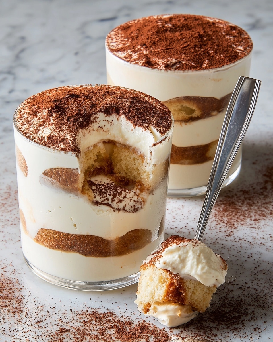 The image shows two clear glass cups filled with three layers of creamy white mascarpone mixture and two layers of light brown soaked sponge cake. The top layer is covered evenly with a fine dusting of dark brown cocoa powder. One cup in front has a spoon scooping some of the dessert, revealing soft and smooth textures of the cream with bits of cake inside. Both cups sit on a white marbled surface with scattered cocoa powder around. Photo taken with an iphone --ar 4:5 --v 7