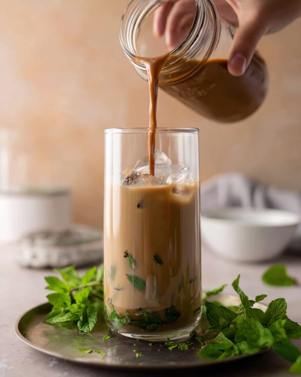 A clear glass filled with light brown iced milk tea is being topped up by a woman's hand pouring more of the same liquid from a transparent jar; inside the glass, dark ice cubes are visible near the bottom with small green mint leaves scattered among them, all placed on a round metallic surface surrounded by fresh green mint leaves and a blurred white bowl and jars in the background against a soft beige backdrop, photo taken with an iphone --ar 4:5 --v 7