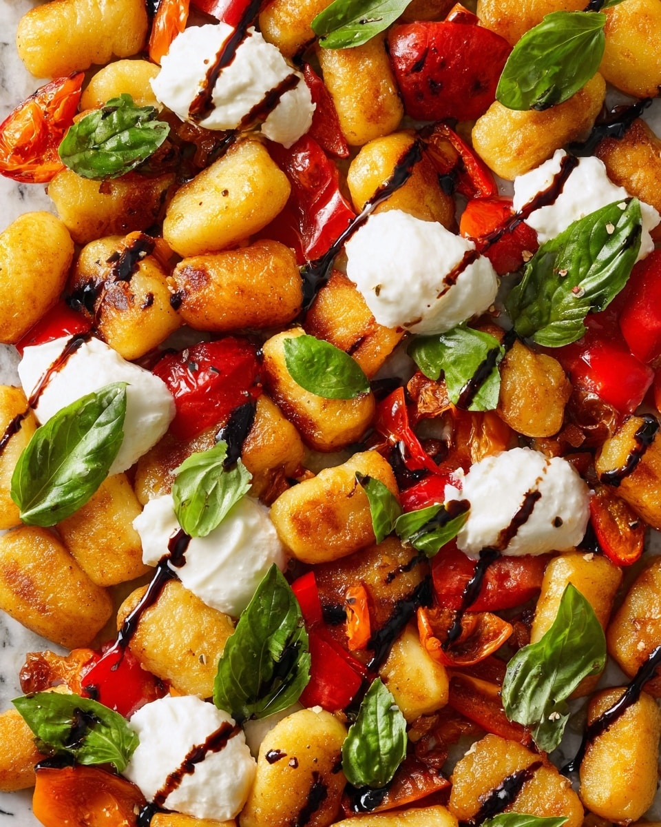 The dish shows a close-up of golden brown gnocchi pieces, each with a slightly crispy texture, spread evenly on a white marbled surface. Interspersed among the gnocchi are bright, roasted red and orange bell pepper chunks, adding vibrant color contrast. Scattered fresh green basil leaves appear on top, providing a fresh, leafy texture. Dollops of smooth, white creamy cheese are placed over some gnocchi, with dark balsamic glaze drizzled artistically across the entire dish, creating glossy streaks. The colors are warm and inviting, with a mix of soft, crisp, and creamy textures clearly visible. Photo taken with an iphone --ar 4:5 --v 7