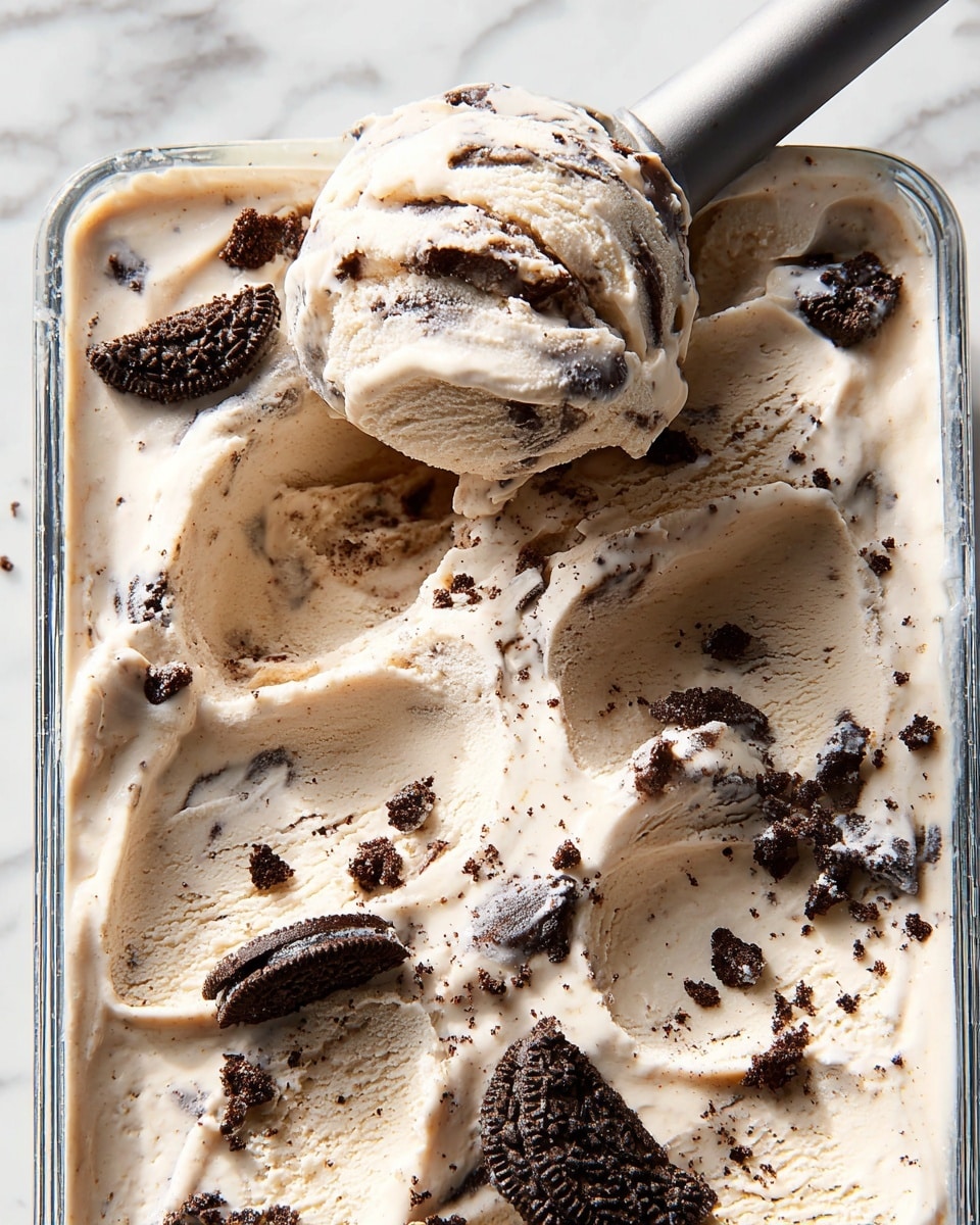 The image shows a close-up of creamy, light beige ice cream mixed with small and large dark brown cookie pieces, creating a speckled texture throughout. The ice cream is in a clear rectangular dish, with a spoon lifting a scoop that shows swirls and chunks of cookies inside. The surface of the ice cream is smooth with some waves and scattered cookie crumbs. The background has a white marbled texture. photo taken with an iphone --ar 4:5 --v 7