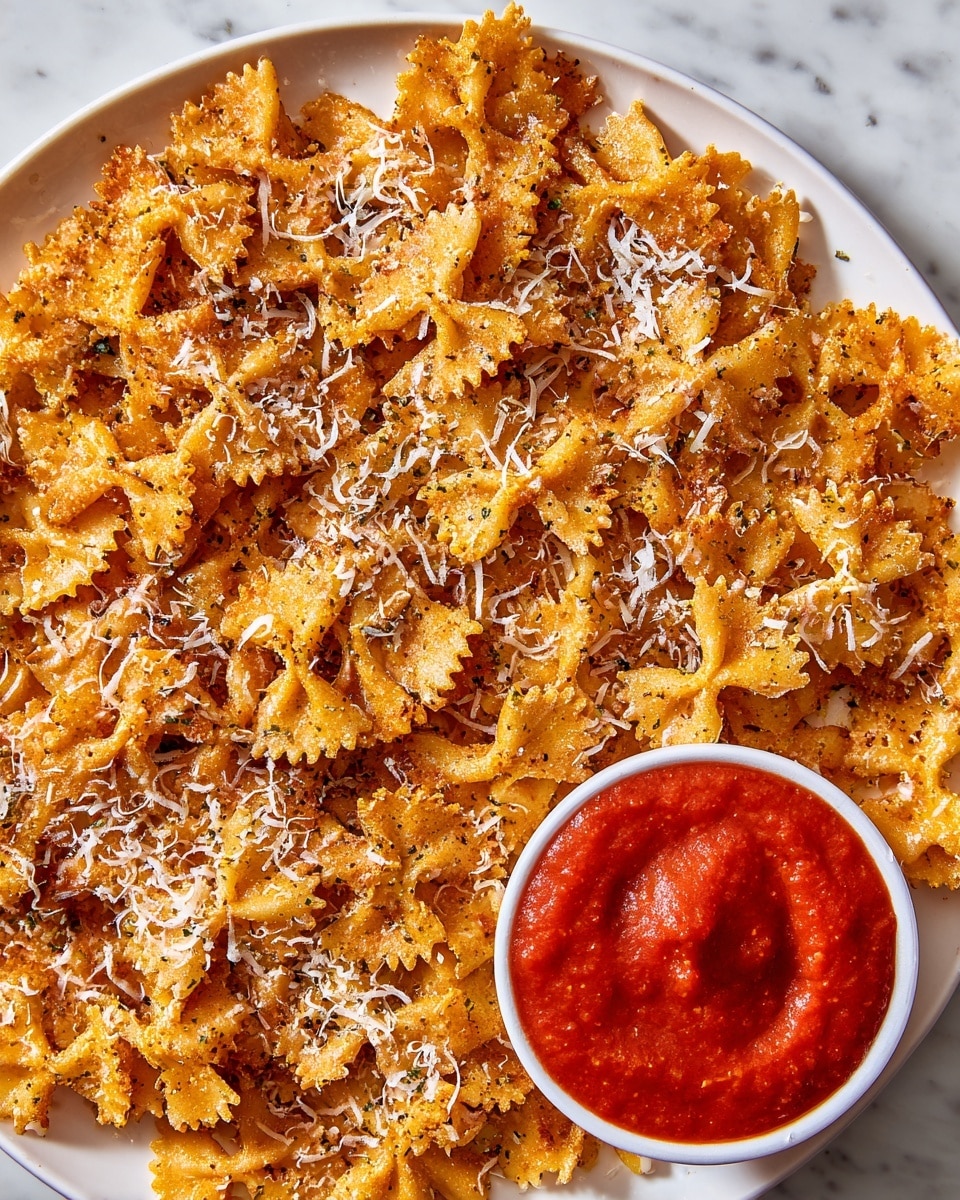 The image shows many small bowtie-shaped pasta pieces fried to a golden brown color, spread out on a white marbled surface. The pasta has a crispy texture with some black pepper specks visible on them. Thin, white grated cheese is scattered unevenly over the pasta, adding a light contrast to the golden color. The overall look is crunchy and savory with a mix of light orange and pale yellow shades. photo taken with an iphone --ar 4:5 --v 7