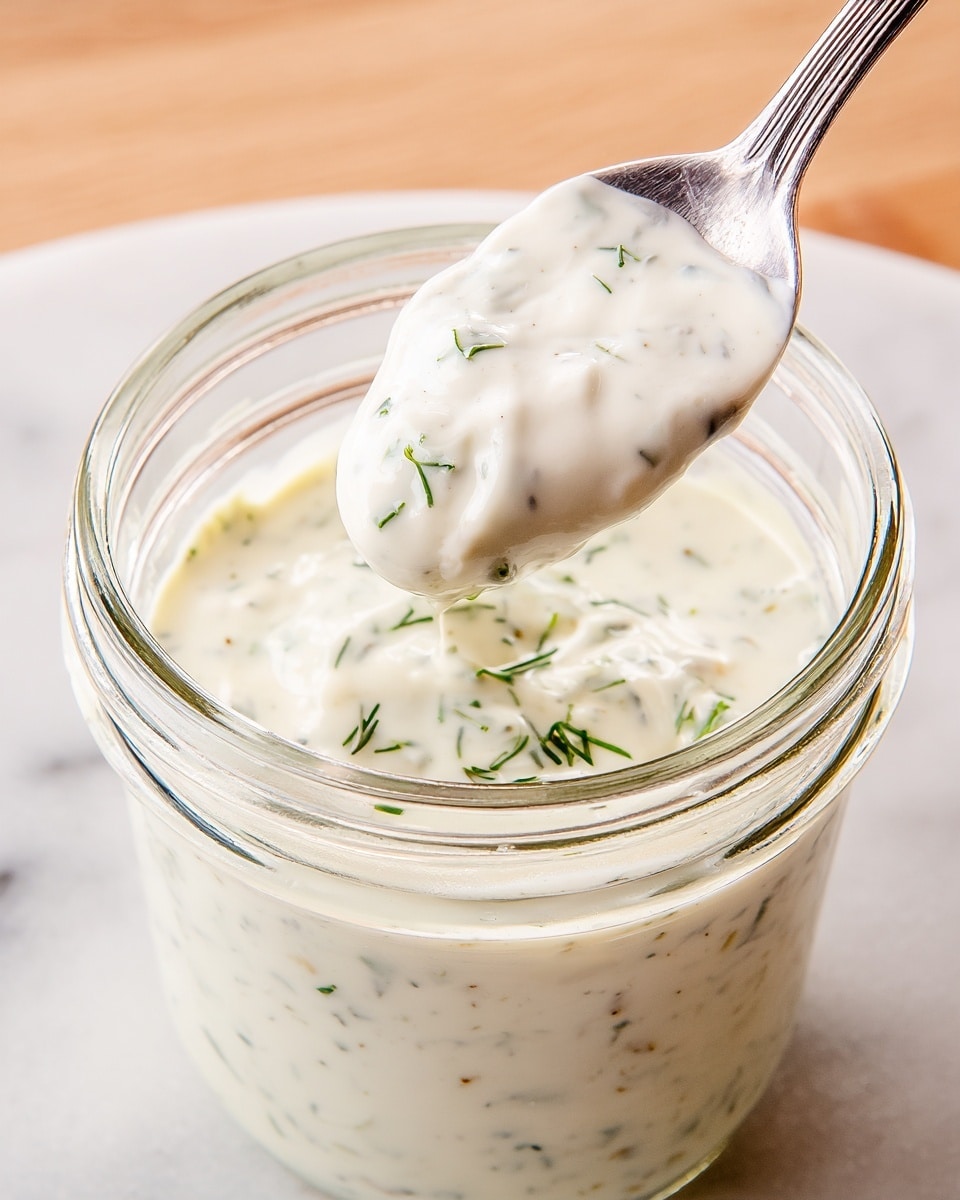 A close-up view of a glass jar filled with creamy white sauce mixed with small green herb bits, giving it a speckled texture. A metal spoon holds a rounded scoop of the sauce above the jar, showing its thick and smooth consistency with visible herbs spread throughout. The jar is set on a white marbled texture that contrasts with the sauce's light color. photo taken with an iphone --ar 4:5 --v 7
