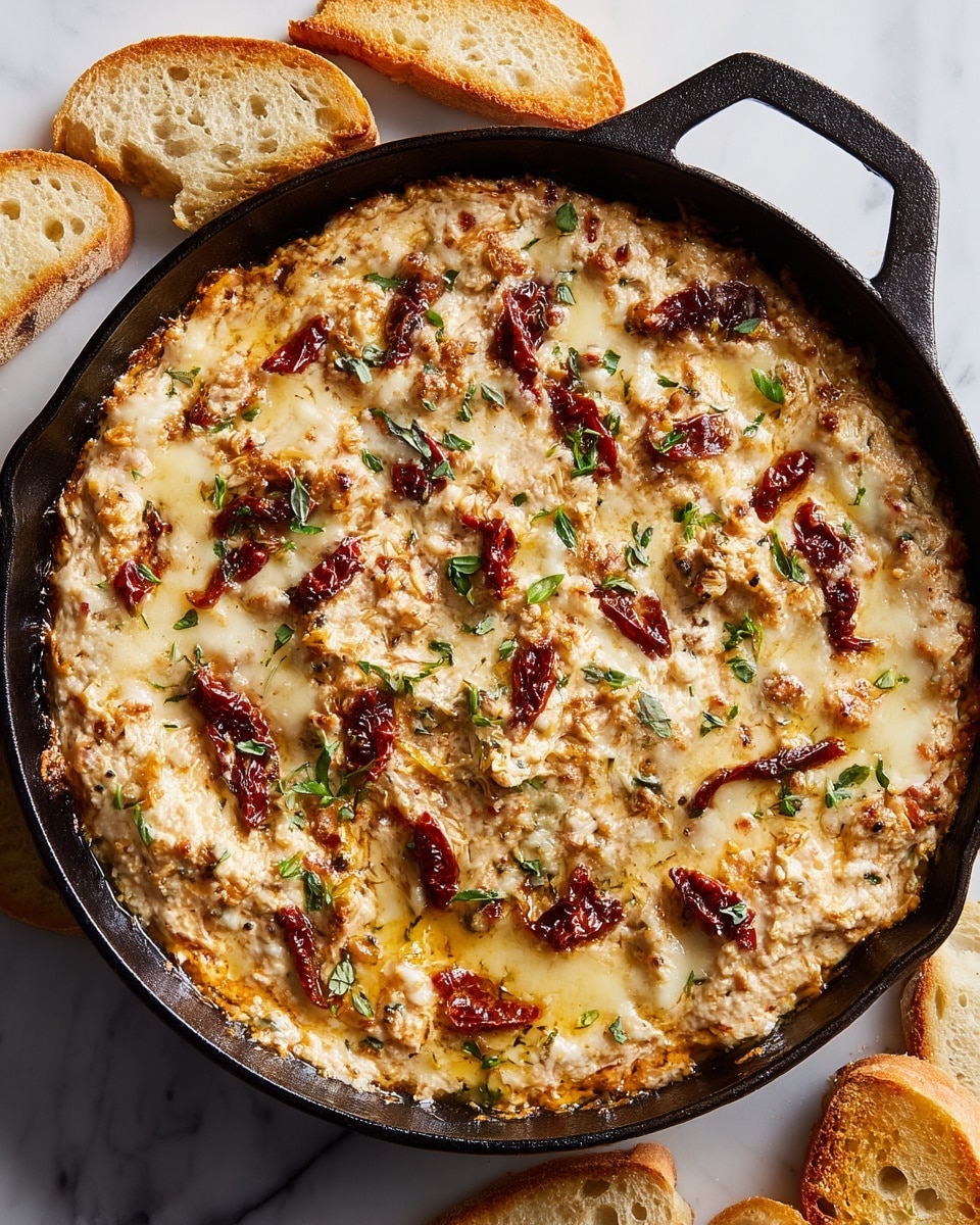A black cast iron skillet filled with a hot, creamy dip topped with melted, golden-brown cheese that has a slightly bubbly and crispy texture. The cheese layer is speckled with small green herb leaves and thin, dark red sun-dried tomato strips scattered across the surface. Around the skillet, there are several pieces of toasted white bread with a crunchy texture. The skillet is set on a white marbled surface, creating a clean and bright background. photo taken with an iphone --ar 4:5 --v 7