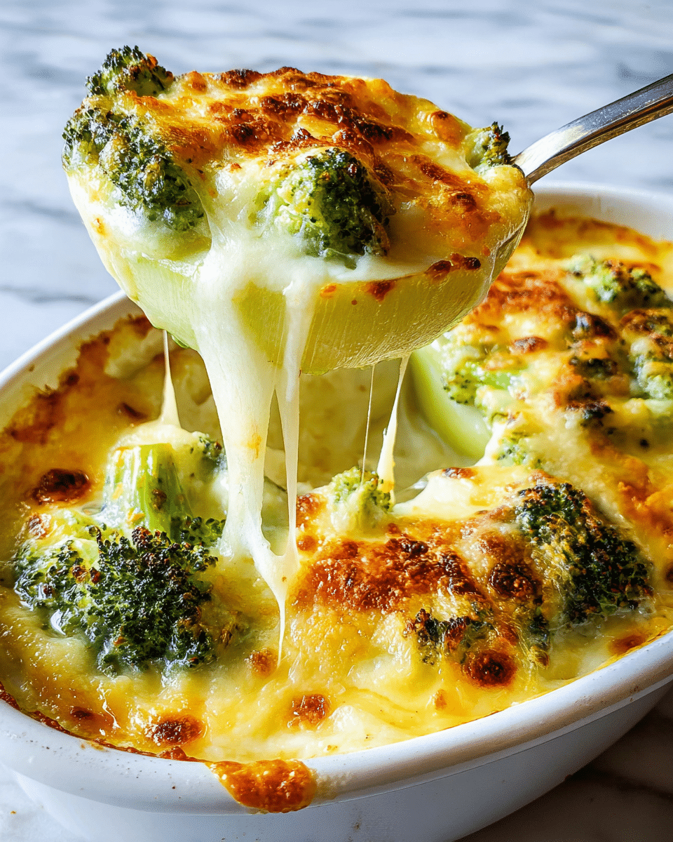 A close-up view of a cheesy broccoli dish presented in a white oval ceramic baking dish, showing three layers: the bottom layer is a smooth, creamy white sauce, the middle layer consists of bright green broccoli florets, and the top layer is golden-brown melted cheese with some bubbly texture, slightly caramelized on the edges. A metal spoon lifts a serving from the dish, stretching the gooey melted cheese with small broccoli pieces embedded in it. The dish sits on a white marbled surface, enhancing the vibrant green and golden yellow colors in the food. photo taken with an iphone --ar 4:5 --v 7
