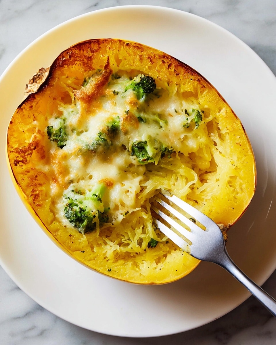 A white plate holds a halved spaghetti squash with its bright yellow stringy flesh exposed. The hollowed-out inside is filled with melted cheese that has a light golden crust on top. Small pieces of green broccoli are mixed in the cheesy layer near the center. A silver fork digs into the soft, stringy squash flesh, resting diagonally across the squash. The plate is placed on a white marbled surface. Photo taken with an iphone --ar 4:5 --v 7