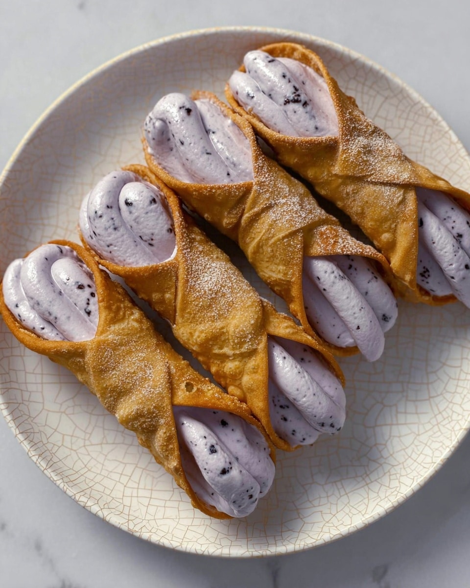 Five small cannoli are placed on a white plate with a crackled texture. Each cannoli has a golden-brown, crispy shell folded around a filling of light purple cream with small dark specks, smoothly piped inside the shell and visible at both ends. The plate sits on a white marbled surface, and soft light highlights the glossy texture of the cream and the crunchiness of the shells. Photo taken with an iphone --ar 4:5 --v 7