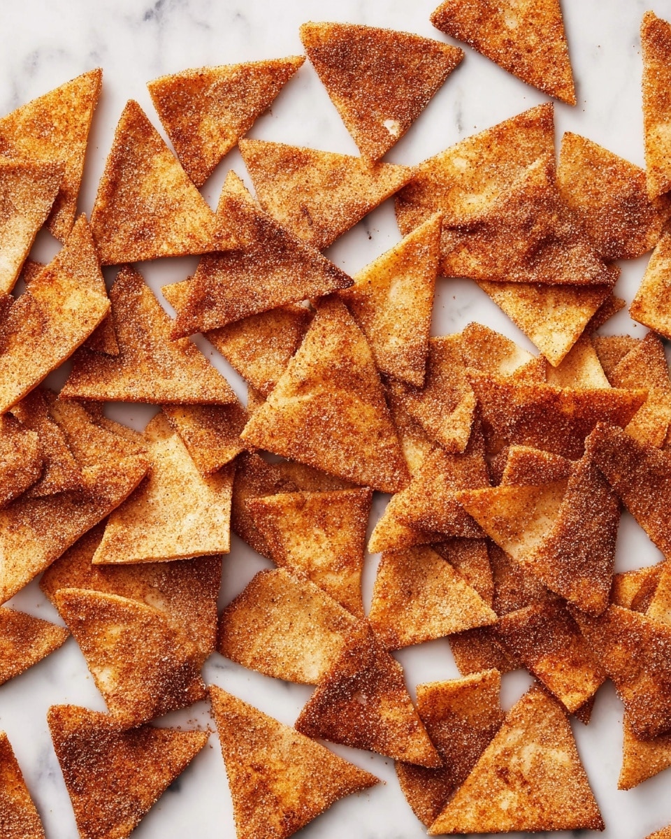A close-up view of multiple triangular chips coated evenly with a golden brown layer of cinnamon sugar, giving them a rough, grainy texture. The chips are stacked and slightly overlapping on a white marbled surface, showing a mix of lighter and darker caramelized areas. The edges of the chips are crisp and well-defined, with tiny sugar crystals visible on the surface, adding extra shine and texture. photo taken with an iphone --ar 4:5 --v 7