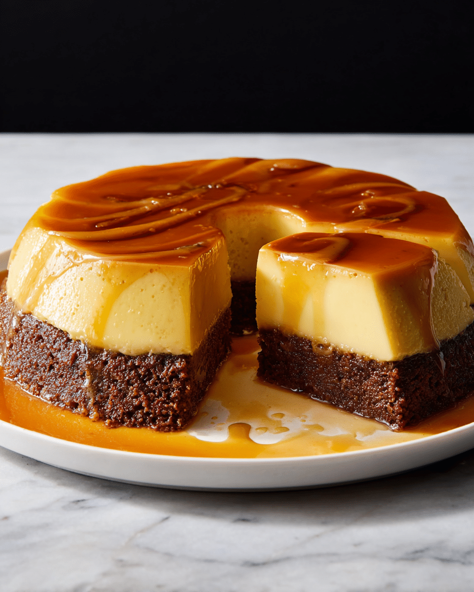 A round two-layer dessert is shown on a white plate with caramel sauce dripping around it. The bottom layer is dark brown with a moist, cake-like texture. The top layer is a smooth, light yellow flan with a shiny caramel glaze, slightly wavy on the top. One slice is cut and slightly pulled out, showing the clear separation of the two layers. The plate rests on a white marbled surface with a black background. Photo taken with an iphone --ar 4:5 --v 7