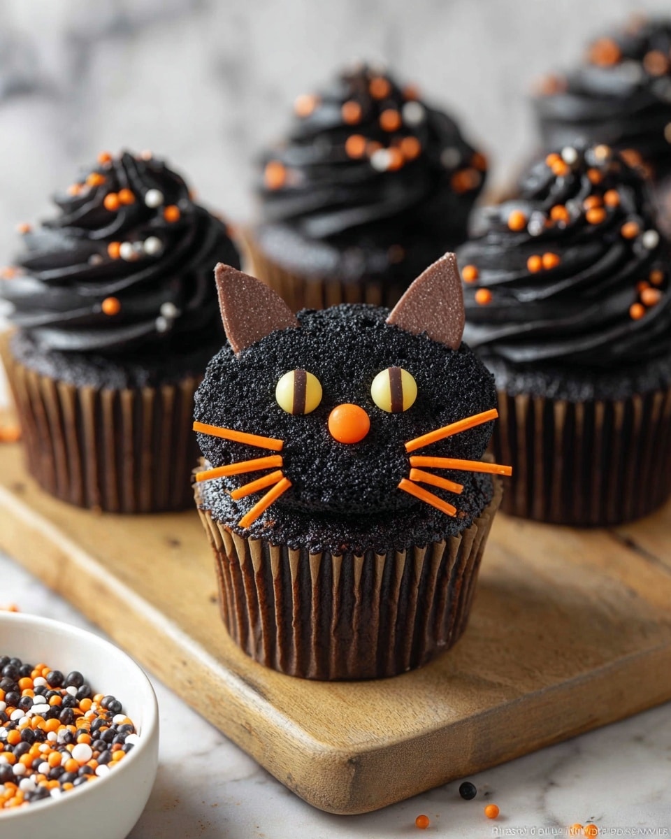 A black cupcake with a textured black crumb coating on the top layer, dark chocolate frosting swirled beneath, and a light brown cupcake liner base. The cupcake is decorated to look like a black cat’s face, with two triangular light brown chocolate ears placed upright on top, two large yellow candy eyes with vertical black lines in the center, an orange round candy nose, and six thin orange candy whiskers arranged evenly on the front. Surrounding the decorated cupcake are other black cupcakes topped with black frosting swirled high and sprinkled with small round black, orange, and white sprinkles. In the bottom left corner, part of a white bowl filled with similar black, orange, and white sprinkles is visible. The cupcakes sit on a light wooden board against a background with a white marbled texture. photo taken with an iphone --ar 4:5 --v 7