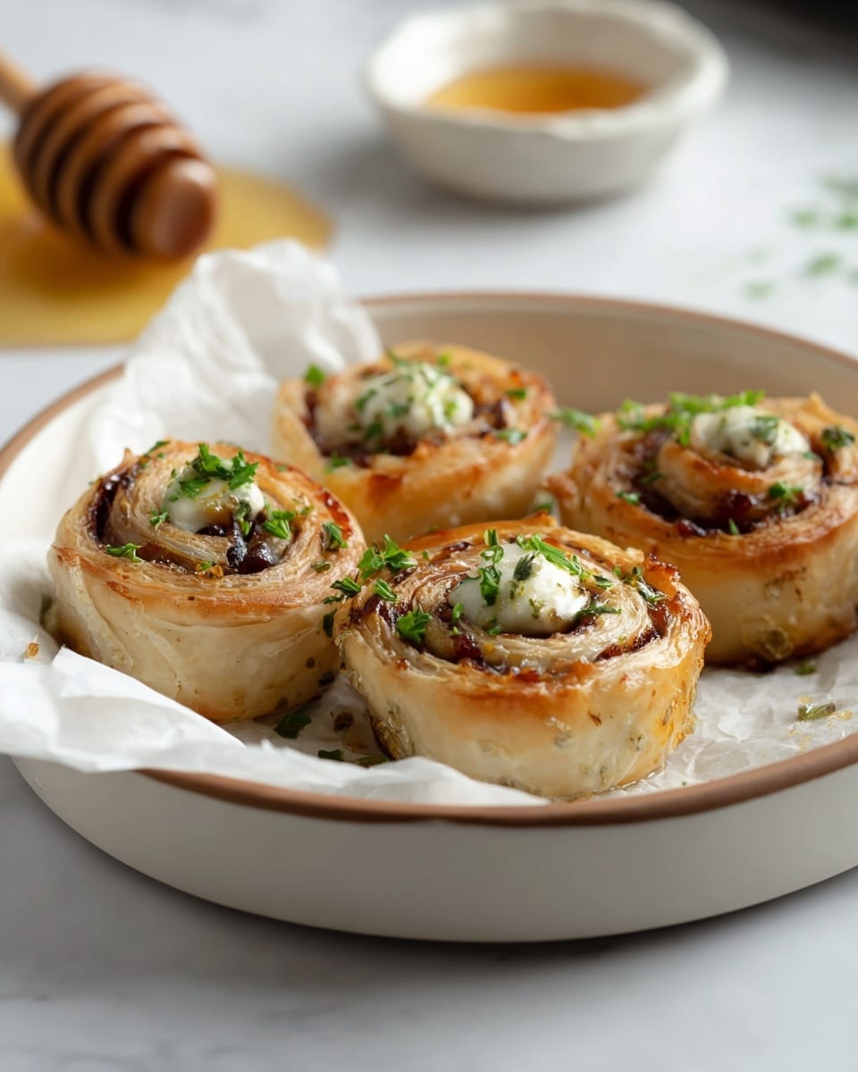 The image shows several small rolled pastries arranged on a white plate with a light brown rim, placed on a white marbled surface. Each pastry has about three visible layers: the outer layer is a thin, golden-brown, flaky pastry crust; inside this is a dark reddish, sticky, jam-like layer that looks glossy; at the center is a thick, white, creamy cheese block topped with small green herb pieces, likely chives. The pastries are moist with some oil or syrup glistening on the plate. Photo taken with an iphone --ar 4:5 --v 7