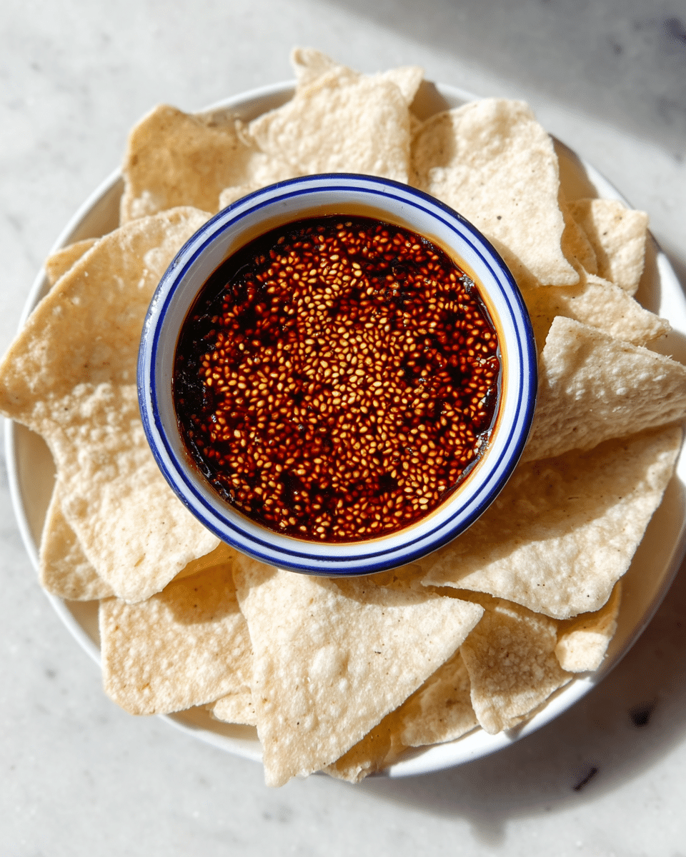 A small blue-rimmed white bowl filled with a dark red sauce topped with a thick layer of golden sesame seeds sits in the center of a white plate. The plate is filled with large, pale beige triangular tortilla chips with a slightly rough texture, arranged around the bowl in a loose circle. The lighting is bright, highlighting the contrast between the warm colors of the sauce and seeds and the cool, light tones of the chips and plate, all set on a white marbled surface. Photo taken with an iphone --ar 4:5 --v 7
