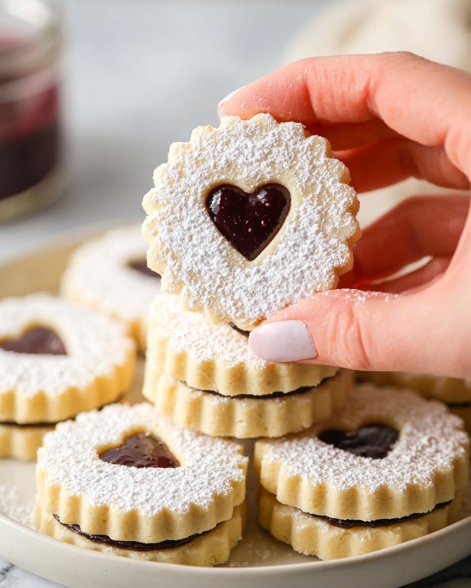 A woman's hand is holding a round cookie with scalloped edges, dusted with white powdered sugar, and featuring a small heart-shaped cutout filled with shiny, dark chocolate in the center. The cookie is made of two light beige layers sandwiching the smooth chocolate filling. More of these cookies are stacked in a round white plate beneath the woman's hand, all similarly dusted with powdered sugar and showing the chocolate heart centers. The background has a soft, white marbled texture. photo taken with an iphone --ar 4:5 --v 7