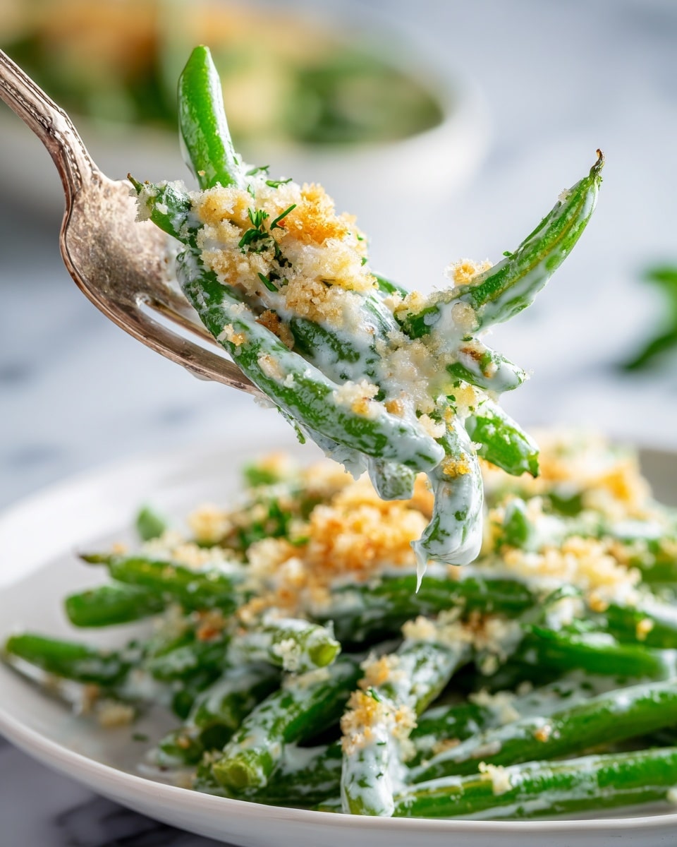 A close-up of a fork lifting a few bright green cooked green beans covered in a creamy white sauce with a crumbly golden-brown topping. The green beans are shiny and fresh-looking, with the white sauce clinging to their surface and the golden topping sprinkled unevenly over them. The green beans on the fork are in front of a blurred background showing more green beans on a white plate set on a white marbled surface. Photo taken with an iphone --ar 4:5 --v 7