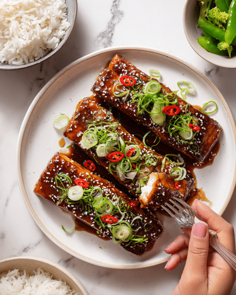 The image shows four rectangular pieces of glazed fish with a shiny dark brown sauce coating each piece. They are arranged on a white plate with a white marbled texture underneath. Each fish piece is topped with thinly sliced green onions and small red chili slices, along with a sprinkle of white sesame seeds. In the lower left corner, there is a round bowl filled with plain white rice, and in the upper right corner, a small bowl contains green vegetables. A woman’s hand is holding a fork that is lifting a piece of the fish with a white flaky inside visible. The overall setting is bright with a clean white marbled surface. photo taken with an iphone --ar 4:5 --v 7