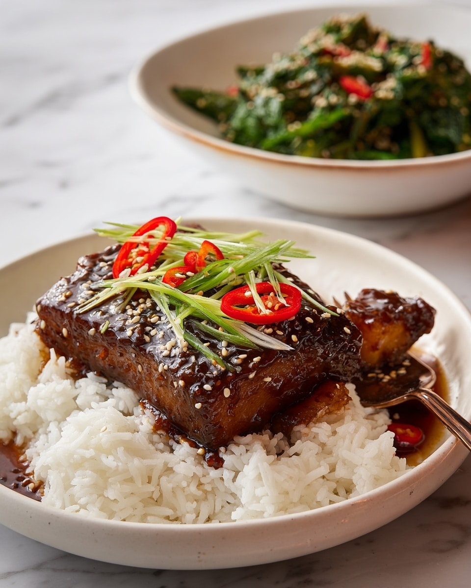 A white plate sits on a white marbled surface holding a dish with three layers. The bottom layer is fluffy, off-white steamed rice spread across the plate. On top, there is a large piece of fish covered in a thick, shiny dark brown glaze. The fish is garnished with thin green strips and slices of bright red chili peppers, along with white sesame seeds sprinkled over. In the background, a white bowl filled with green sauteed vegetables topped with sesame seeds is partially visible. A bronze fork rests on the rice near a small piece of the glazed fish that has been cut. Photo taken with an iphone --ar 4:5 --v 7
