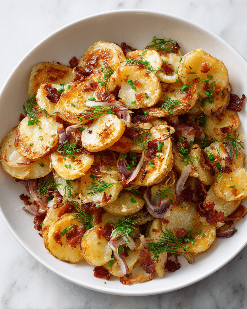 A white bowl filled with several layers of golden-brown cooked potato slices with crispy edges, mixed with bits of reddish-brown bacon and thin slices of cooked red onion. The dish is sprinkled on top with bright green chopped scallions and fresh dill leaves, adding hints of green against the warm tones of the potatoes and bacon. The potatoes have a slightly shiny, oily texture, showing they have been cooked with a bit of fat. The overall look is rustic and hearty, sitting on a white marbled background. photo taken with an iphone --ar 4:5 --v 7