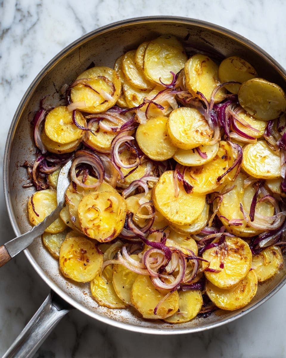 The image shows a close-up of a pan filled with cooked sliced potatoes and thinly sliced red onions. The potatoes are golden yellow with some browning on the edges, layered unevenly, mixed with translucent and slightly caramelized red onion strands scattered on top and throughout. The pan itself is metallic with a few small dark spots, and a metal spatula is partially visible under the potatoes. The background features a white marbled texture. photo taken with an iphone --ar 4:5 --v 7