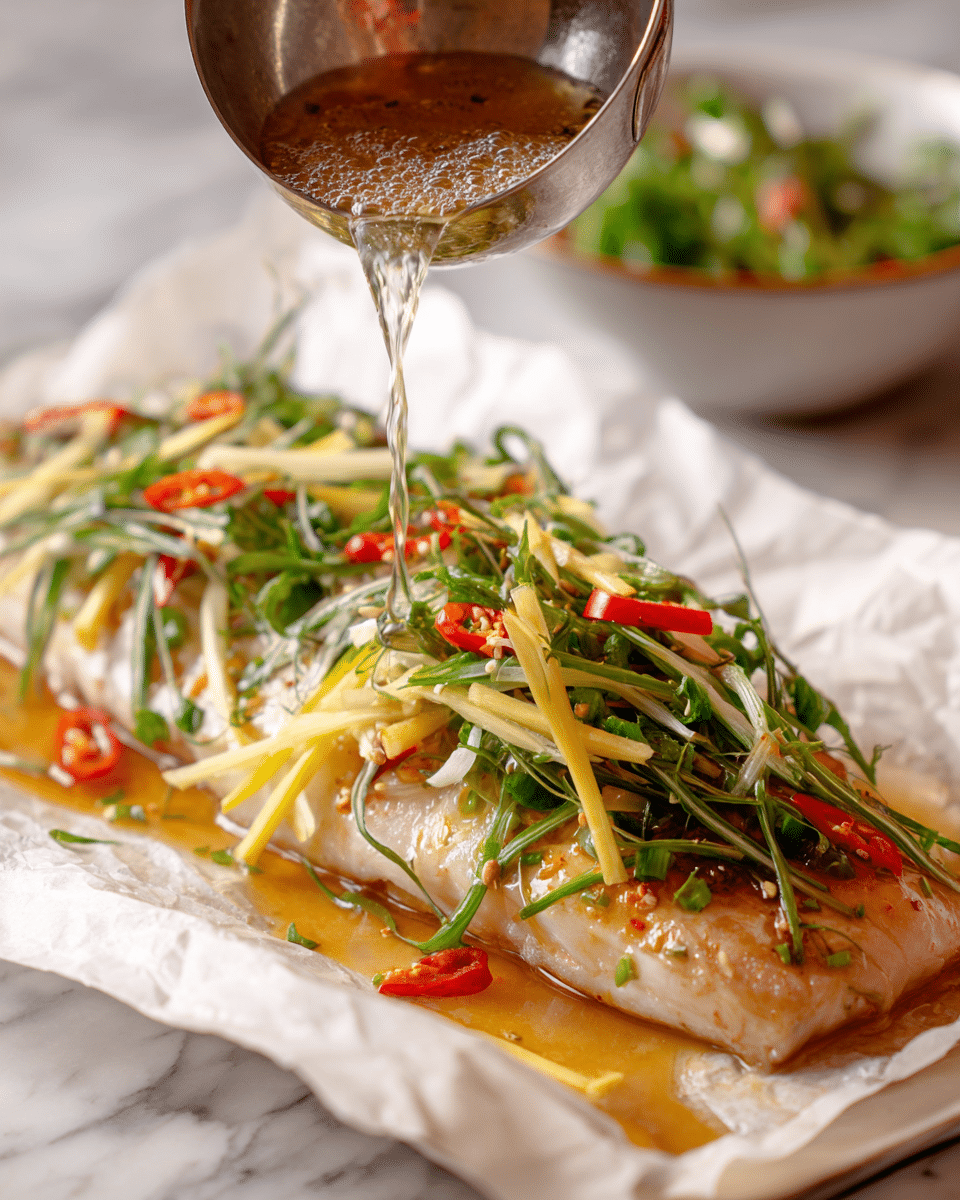The image shows a close-up of a cooked fish fillet laid on white parchment paper, resting on a white marbled surface. The fish is light golden brown with a moist texture and topped with thin, long strips of green herbs, thin slices of red chili, and light yellow julienned ginger. A warm, bubbling liquid is being poured from a metal ladle onto the fish, creating a gentle foam over the toppings. In the blurred background, there is a white bowl slightly visible with more green herbs or salad inside. photo taken with an iphone --ar 4:5 --v 7