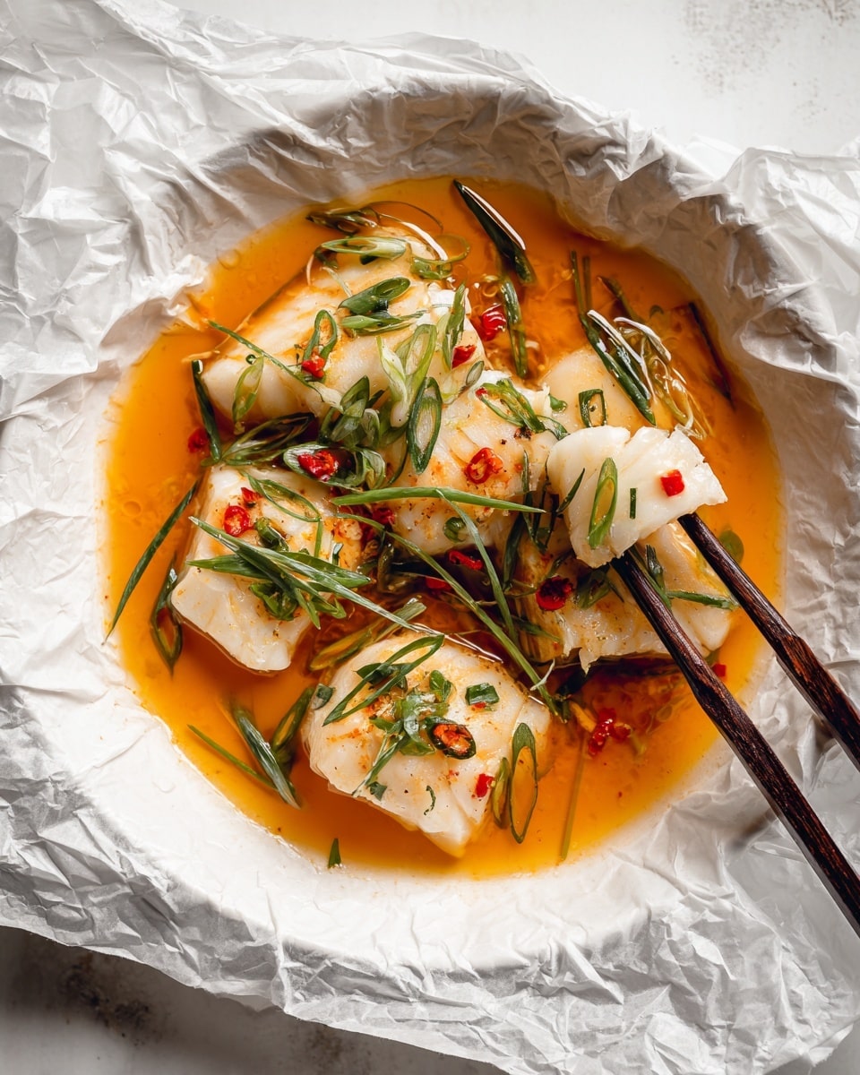 The image shows a dish with several pieces of white fish placed in a shallow pool of light orange broth. Thin green strips of scallions and small slices of red chili are scattered over the fish, adding vibrant green and red colors. The fish pieces look soft and flaky with a slightly shiny surface. Dark brown chopsticks are holding one piece of fish from the right side. The dish is served in a white bowl lined with crinkled white parchment paper and some visible silver foil at the bottom. The background is a white marbled texture. photo taken with an iphone --ar 4:5 --v 7