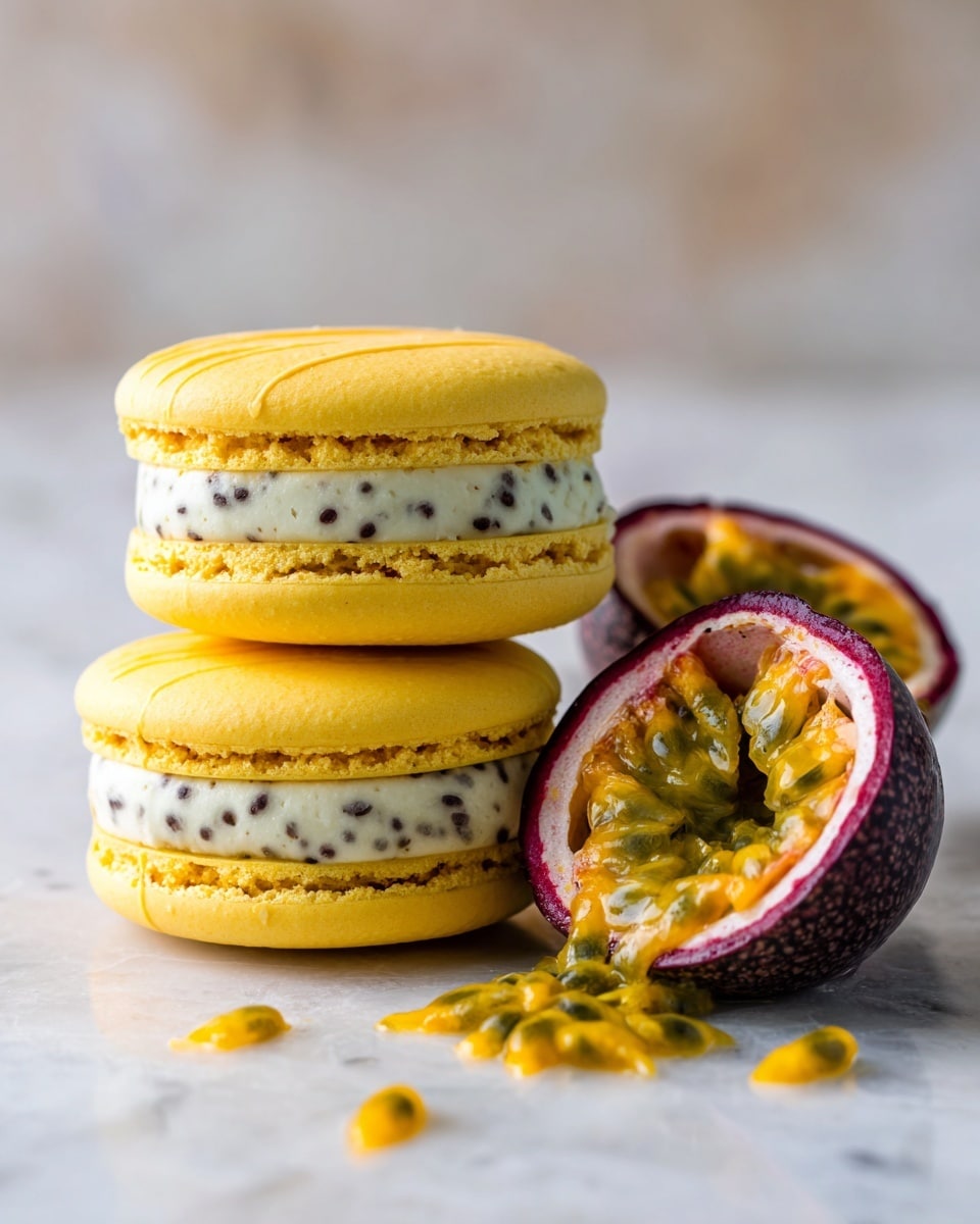 The image shows two small sandwich-like yellow cookies stacked on top of each other on a white marbled surface. Each cookie sandwich has two smooth, slightly rounded yellow cookie layers with a ridged pattern on top. Between the cookie layers is a thick layer of creamy white filling dotted with small black seeds. Next to the cookie stack is a halved passion fruit with a deep purple skin and bright orange, juicy pulp with seeds spilling onto the surface below. The background is softly blurred with a light tone, keeping the focus on the cookies and passion fruit. Photo taken with an iphone --ar 4:5 --v 7