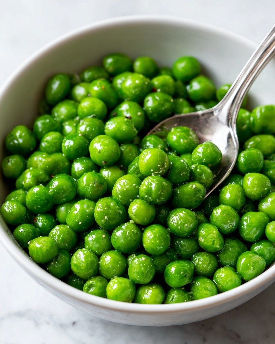 A close-up image shows a white bowl filled with bright green cooked peas that look shiny and moist, with small bits of seasoning visible on their surface. A silver spoon is partially buried in the peas, angled slightly to the right, and the bowl sits on a white marbled surface. The peas fill almost the entire bowl, and their smooth, round texture contrasts with the soft light reflecting off the spoon and bowl edges. photo taken with an iphone --ar 4:5 --v 7