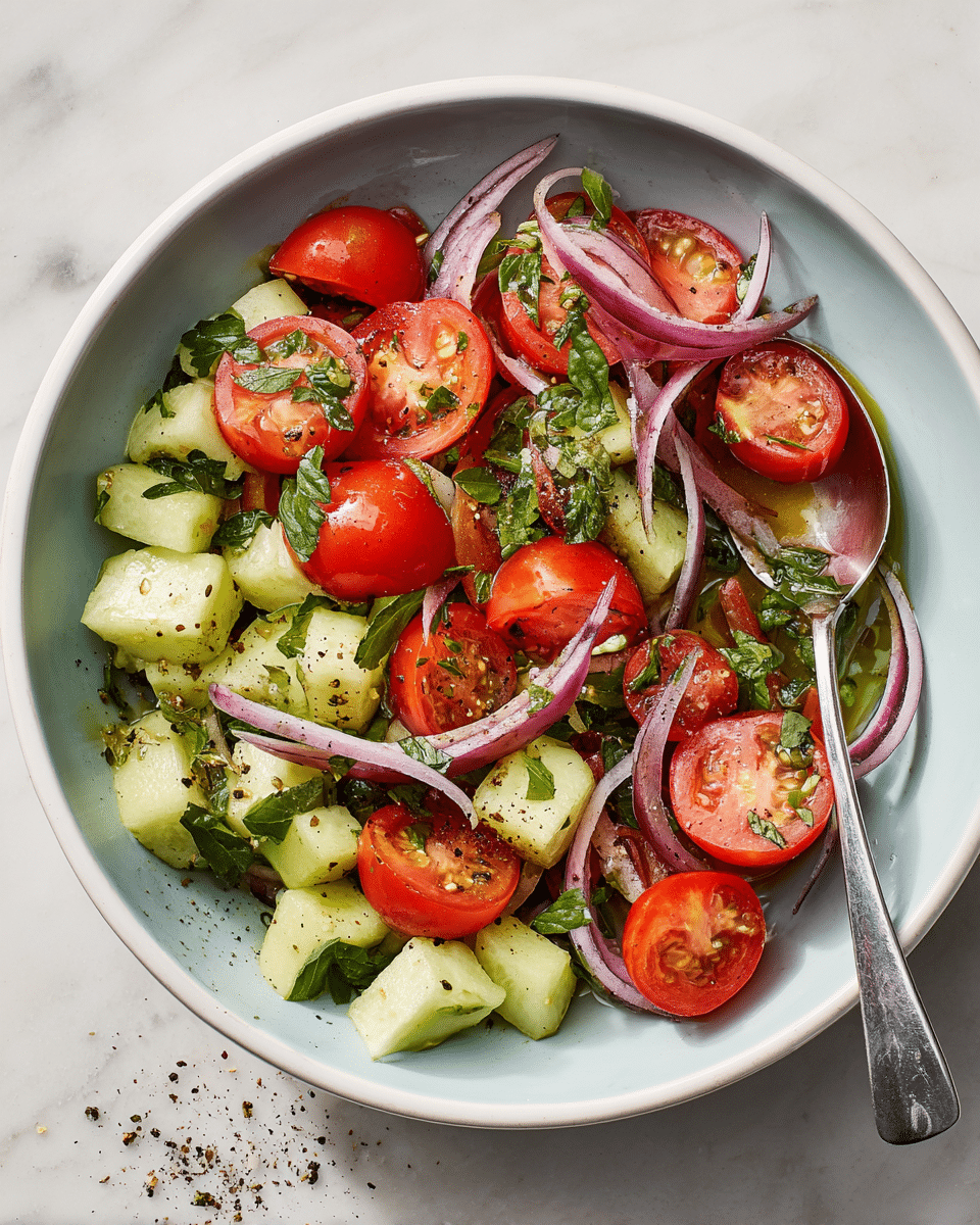 A fresh salad is served in a white bowl, filled with three main layers: at the bottom, there are chopped pale green cucumber pieces with a smooth texture; the middle layer holds vibrant red cherry tomatoes, some whole and some sliced, showing juicy interiors; on top, thin slices of purple-red onion and bright green parsley leaves are scattered, adding contrast and freshness, all lightly coated with olive oil and sprinkled with black pepper and herbs. A metal spoon rests inside the bowl with cherry tomato halves on it, and the bowl sits on a white marbled surface with some pepper scattered around. Photo taken with an iphone --ar 4:5 --v 7