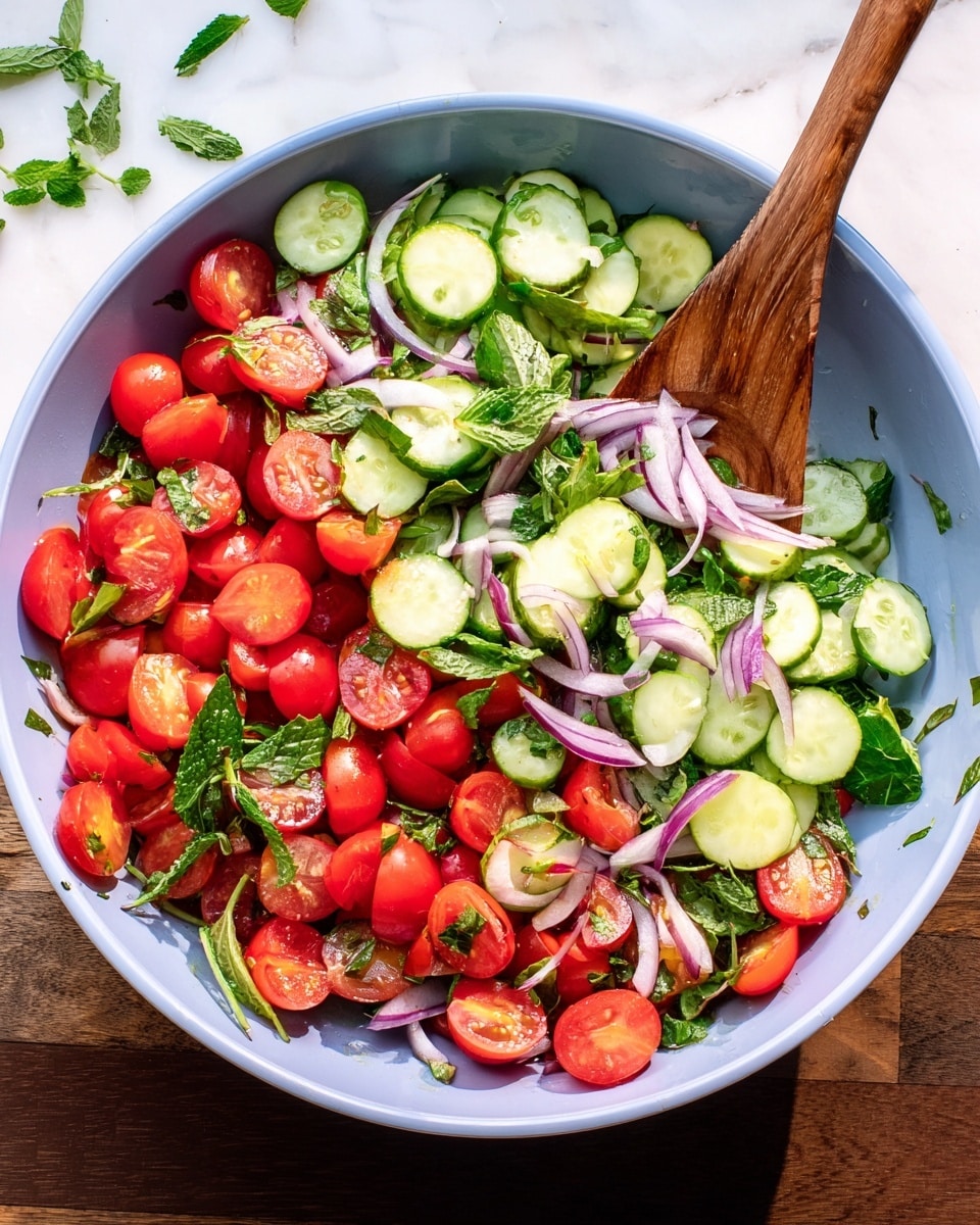 A large white bowl filled with a fresh salad featuring three main layers: the bottom layer has sliced green cucumber pieces with dark green skin and pale green inside, the middle layer is made of bright red cherry tomatoes cut in half revealing their juicy interior, and the top layer includes thinly sliced purple-red onion rings mixed with fresh green leafy herbs scattered across. A light brown wooden spoon rests inside the bowl on the right side, partially buried in the vegetables. The bowl is set on a white marbled surface with some green herb leaves scattered around the base. Photo taken with an iphone --ar 4:5 --v 7