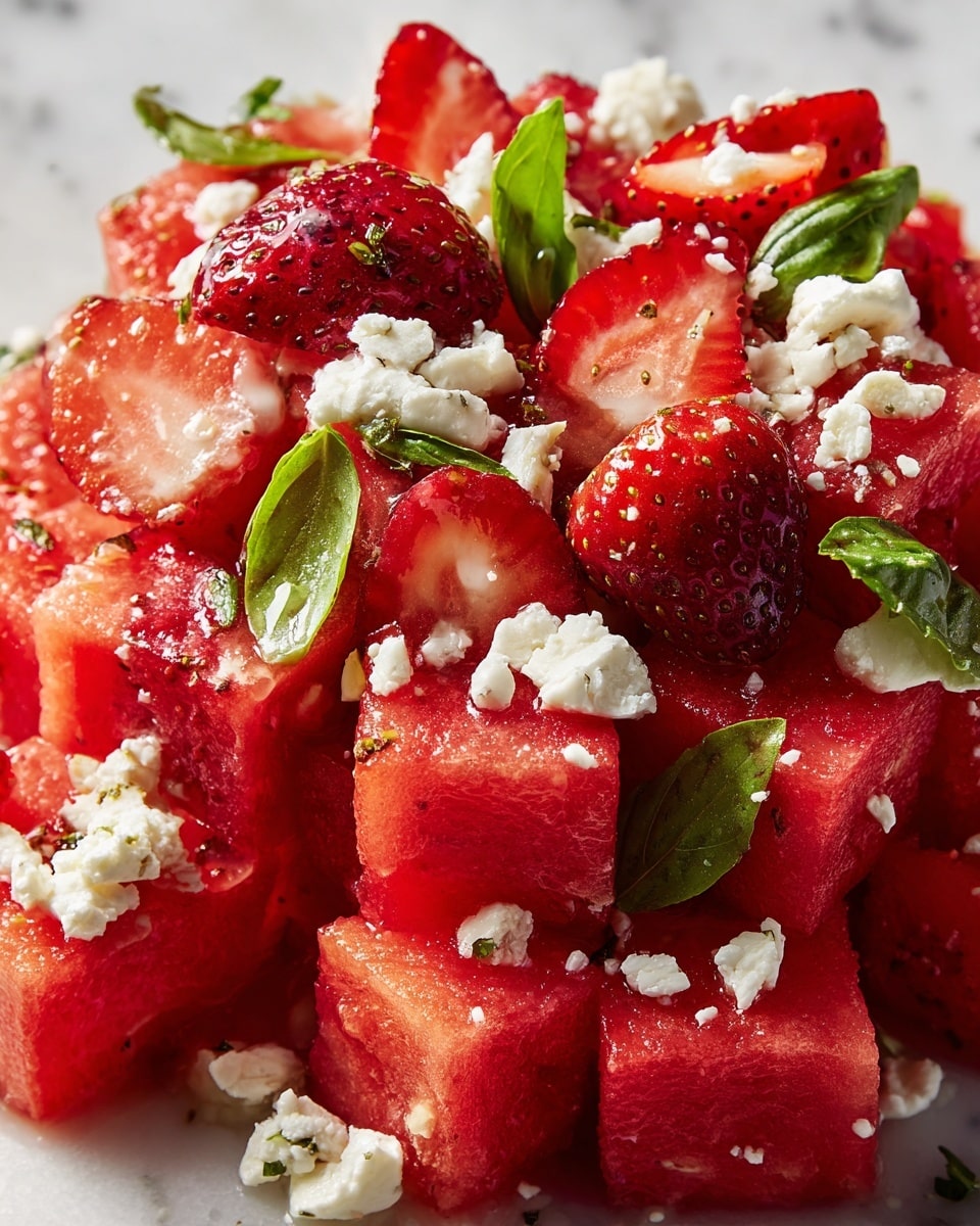 This dish shows a close-up of a salad made with two main layers: bright red watermelon cubes that look juicy and soft, and fresh red strawberries, some whole and some sliced to show their inside. Scattered on top are small white crumbles of soft cheese, adding a creamy texture, and vibrant green basil leaves that bring a fresh look. The colors are vivid with the reds dominating, mixed with spots of white and green, all sitting on a white marbled surface. photo taken with an iphone --ar 4:5 --v 7